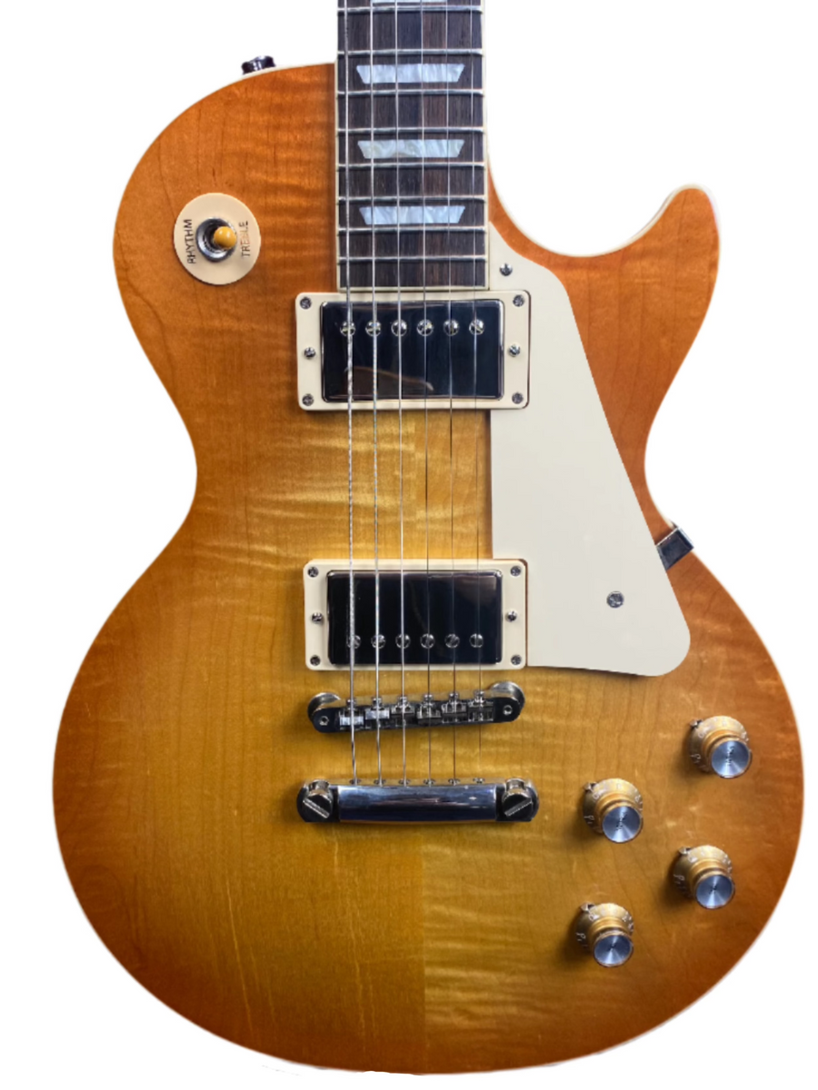 Sunburst finish electric guitar with cream pickguard, two chrome humbucker pickups, four gold control knobs, and a three-way toggle switch.