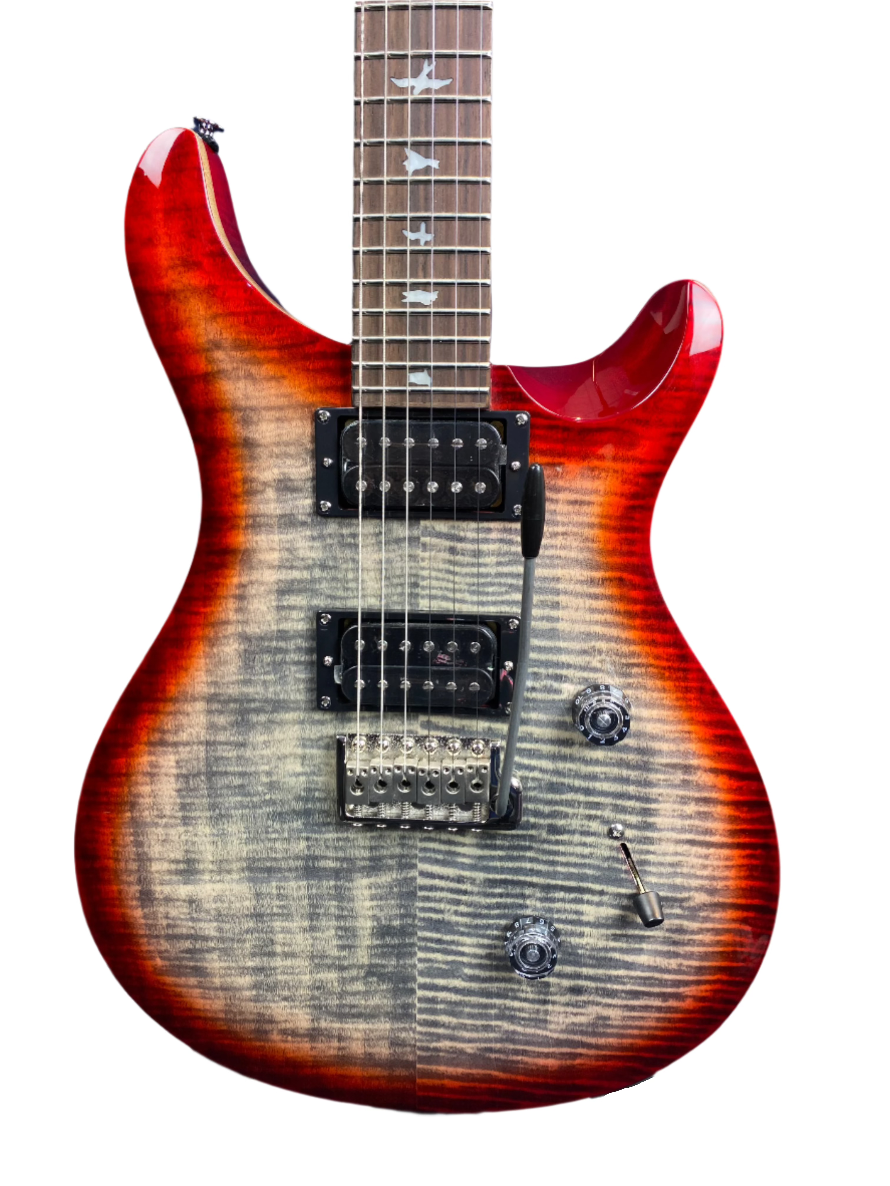 Electric guitar with a flamed maple top in grey and red burst, two humbucker pickups, three knobs, and bird-shaped inlays on the fretboard.