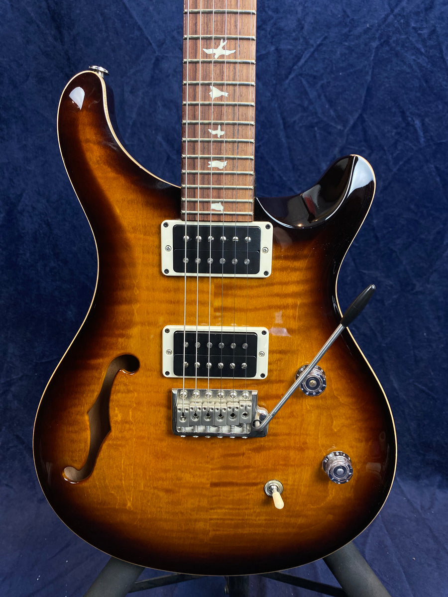 Sunburst semi-hollow electric guitar with two humbucker pickups, bird inlays on the fretboard, whammy bar, and two control knobs.