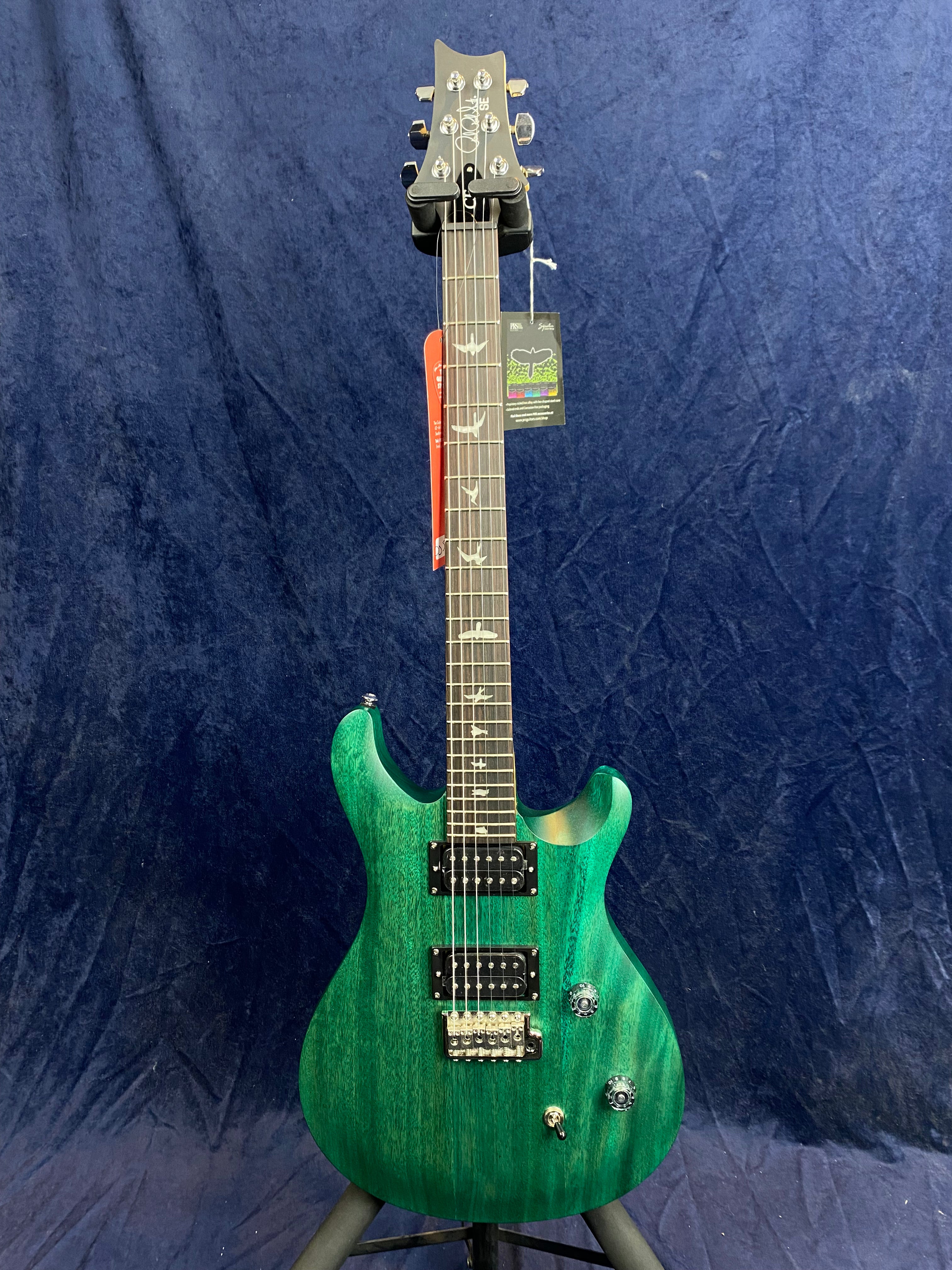 Green electric guitar with a double-cutaway body, two black humbucker pickups, three control knobs, and bird inlays on a dark fretboard.