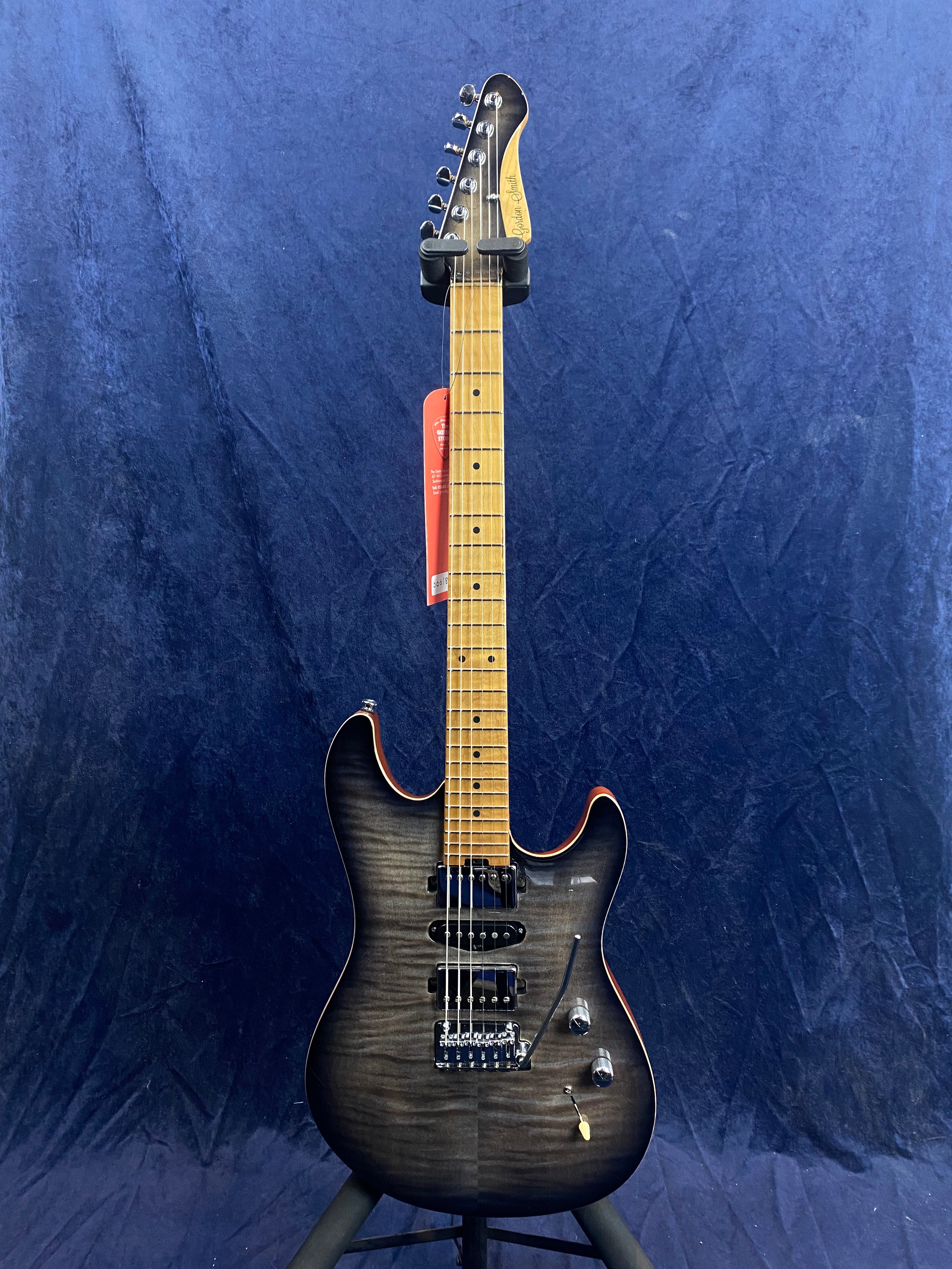 Electric guitar with a dark, flame-patterned body, maple neck, three pickups, two control knobs, and a whammy bar, standing upright against a blue backdrop.