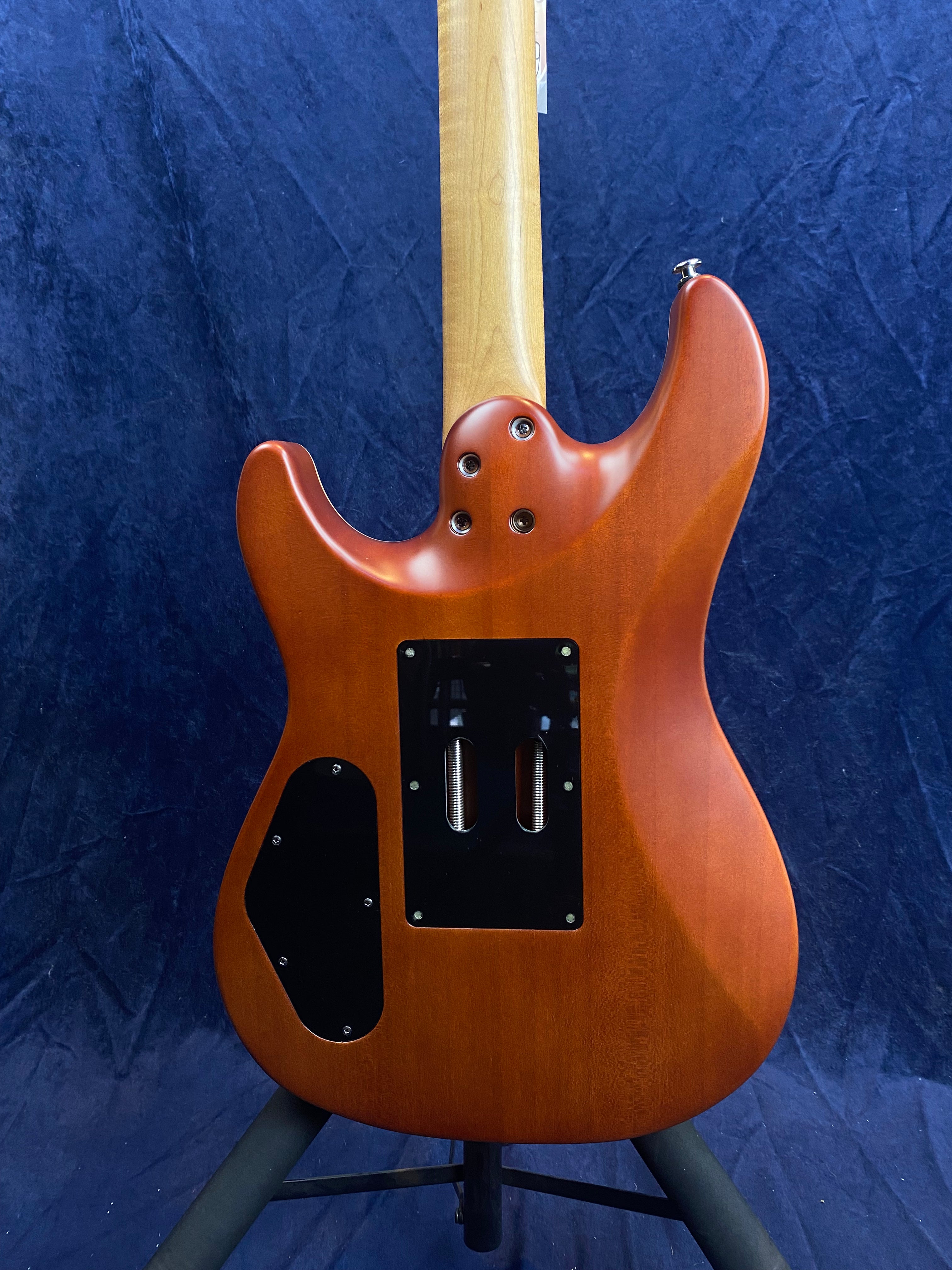 Back of an electric guitar with a natural wood finish, two black plates for electronics and springs, and the neck extending upward against a dark blue background.