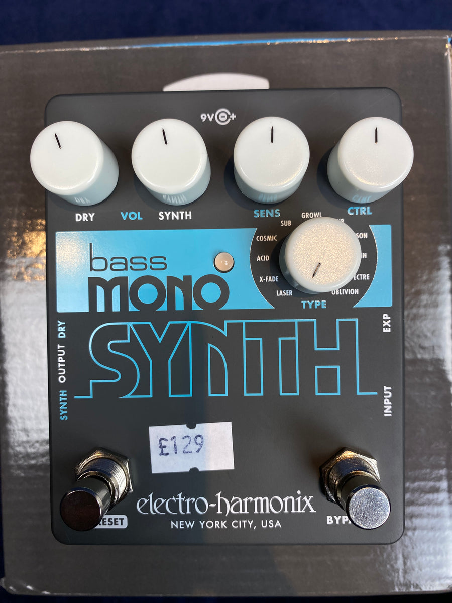 Electro-Harmonix Bass Mono Synth FX pedal with five knobs, two footswitches, type selector, and price tag reading £129.
