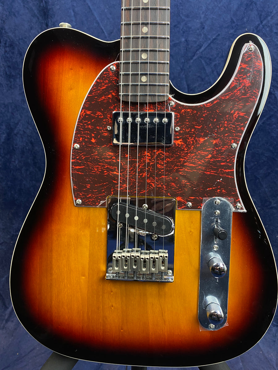 Electric guitar with a sunburst finish, red-black pickguard, two pickups, chrome bridge, and two control knobs.
