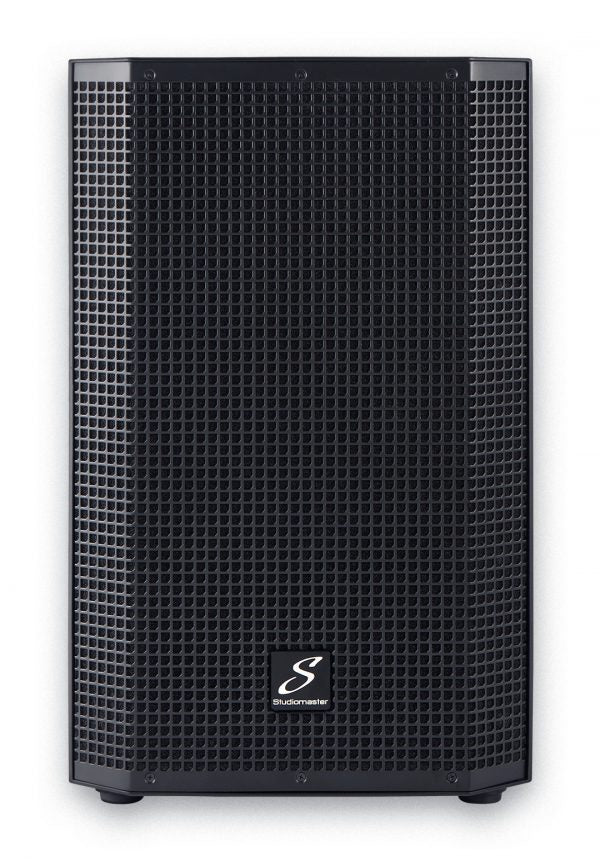 Tall black speaker with a rectangular metal grille and a Studiomaster logo at the bottom center.
