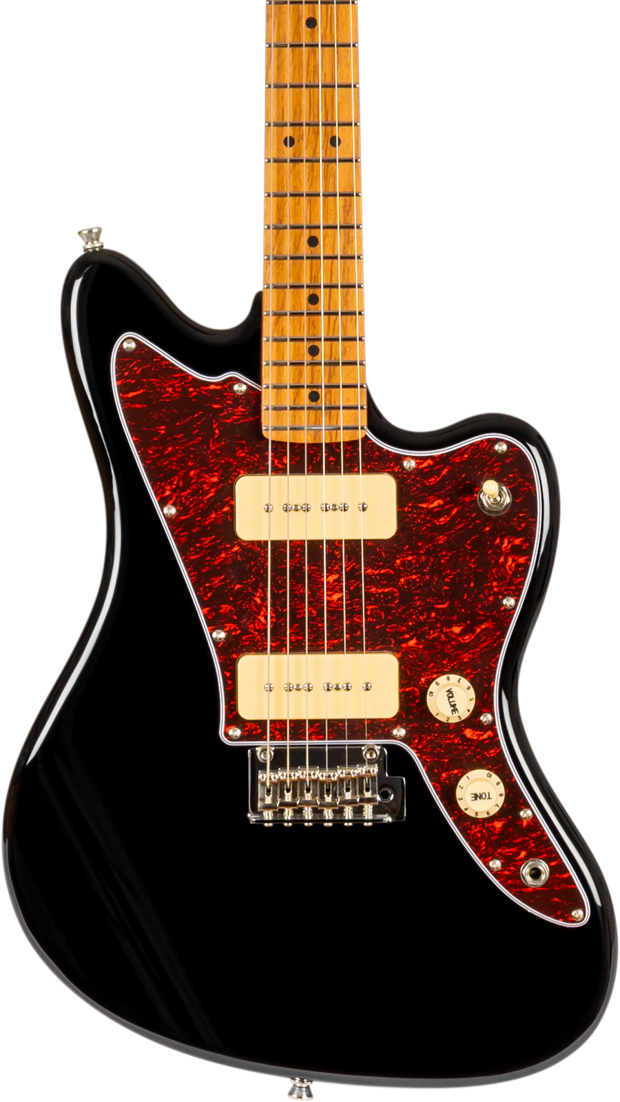 Jet Guitar with a black body, red tortoiseshell-style pickguard, two cream pickups, maple neck, and three gold control knobs.