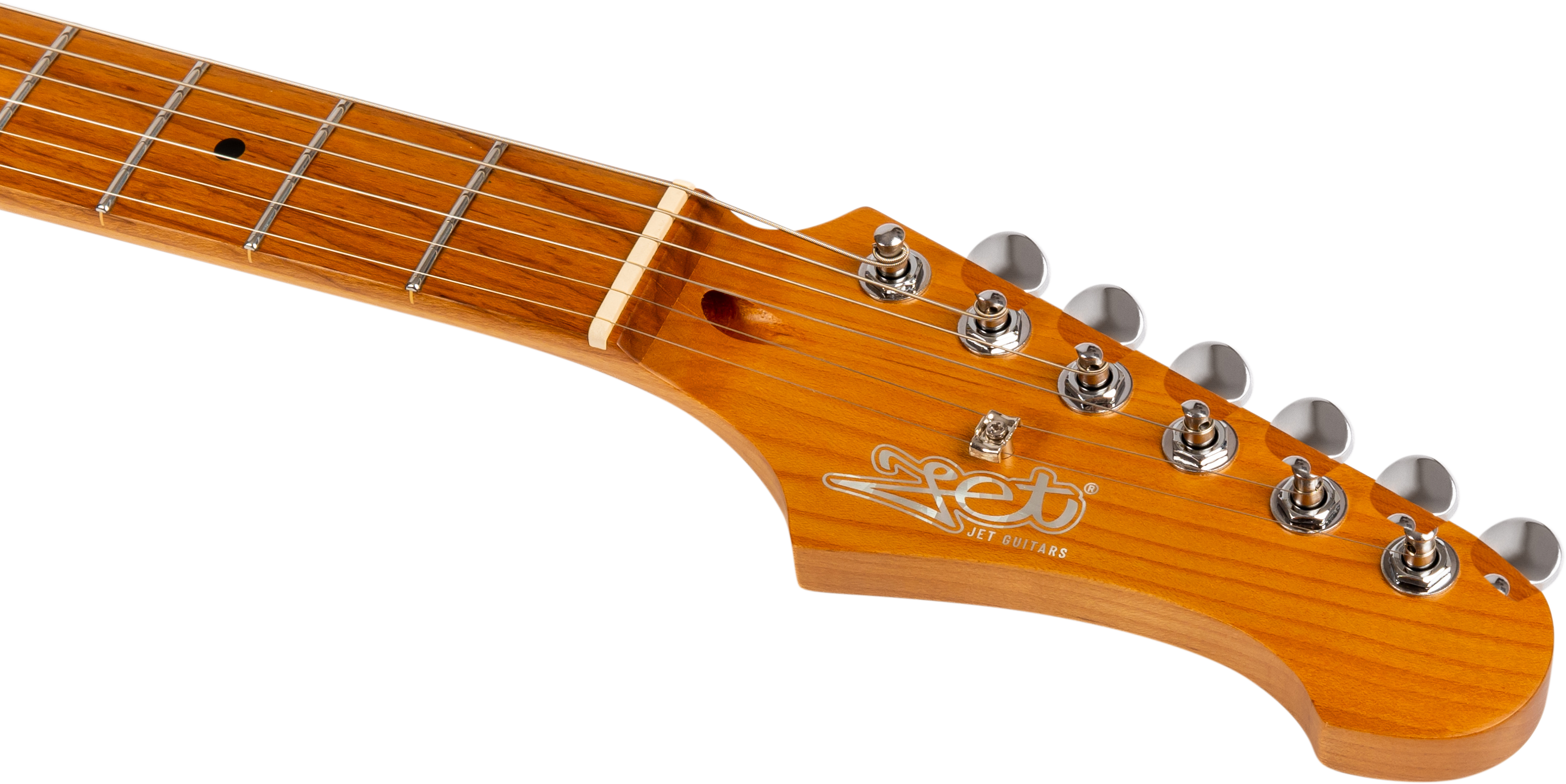 Six chrome tuning pegs, Jet Guitars logo on a glossy wood headstock, and part of the maple neck with metal frets and six strings visible.