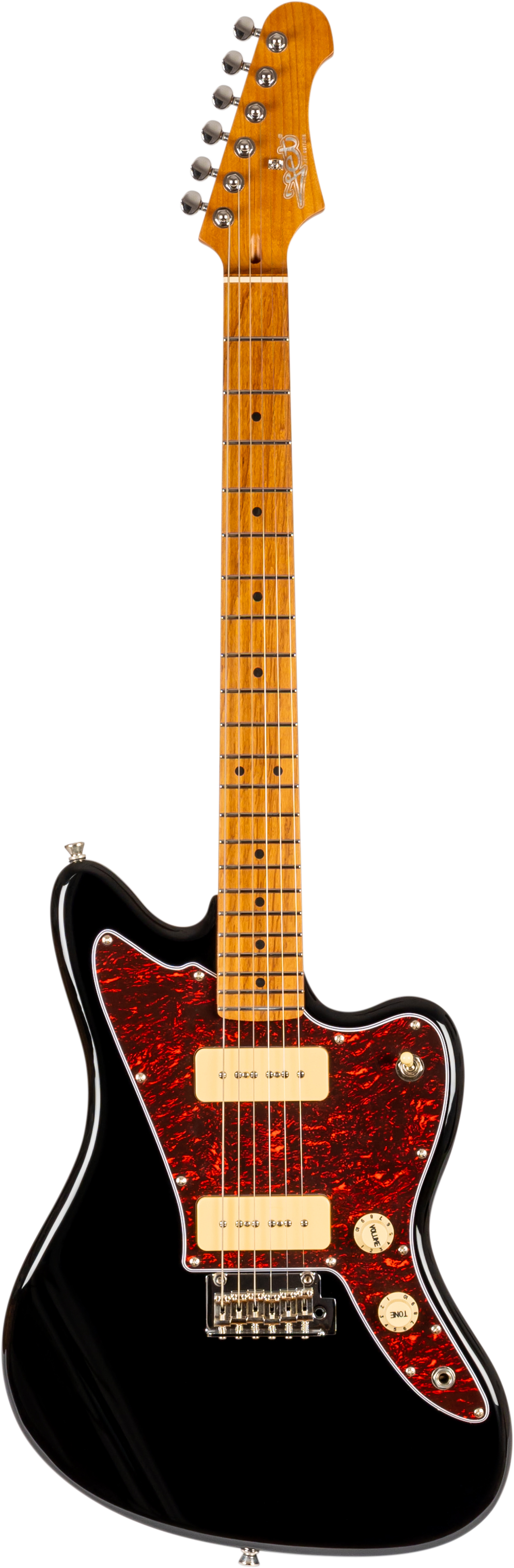 Jet Guitars electric guitar with a black body, red tortoiseshell pickguard, two cream pickups, maple neck, and six tuning pegs on the headstock.