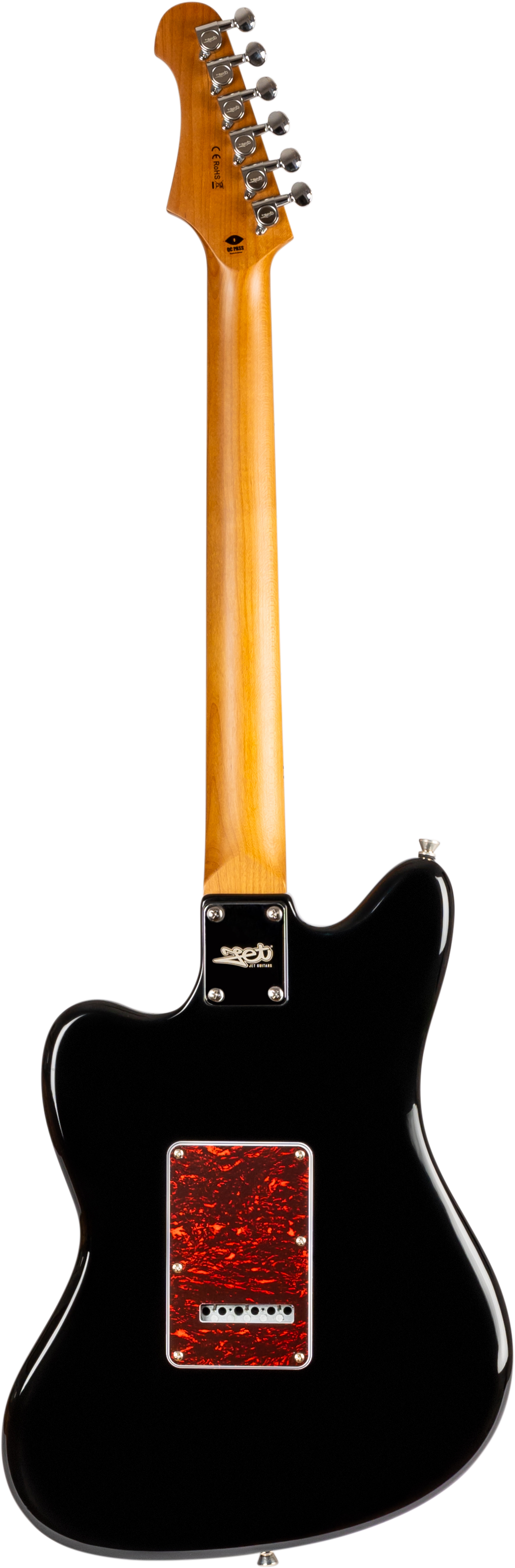 Jet Guitars electric guitar, shown from the back, features a black body, wood neck, chrome tuners, and a red rectangular backplate.