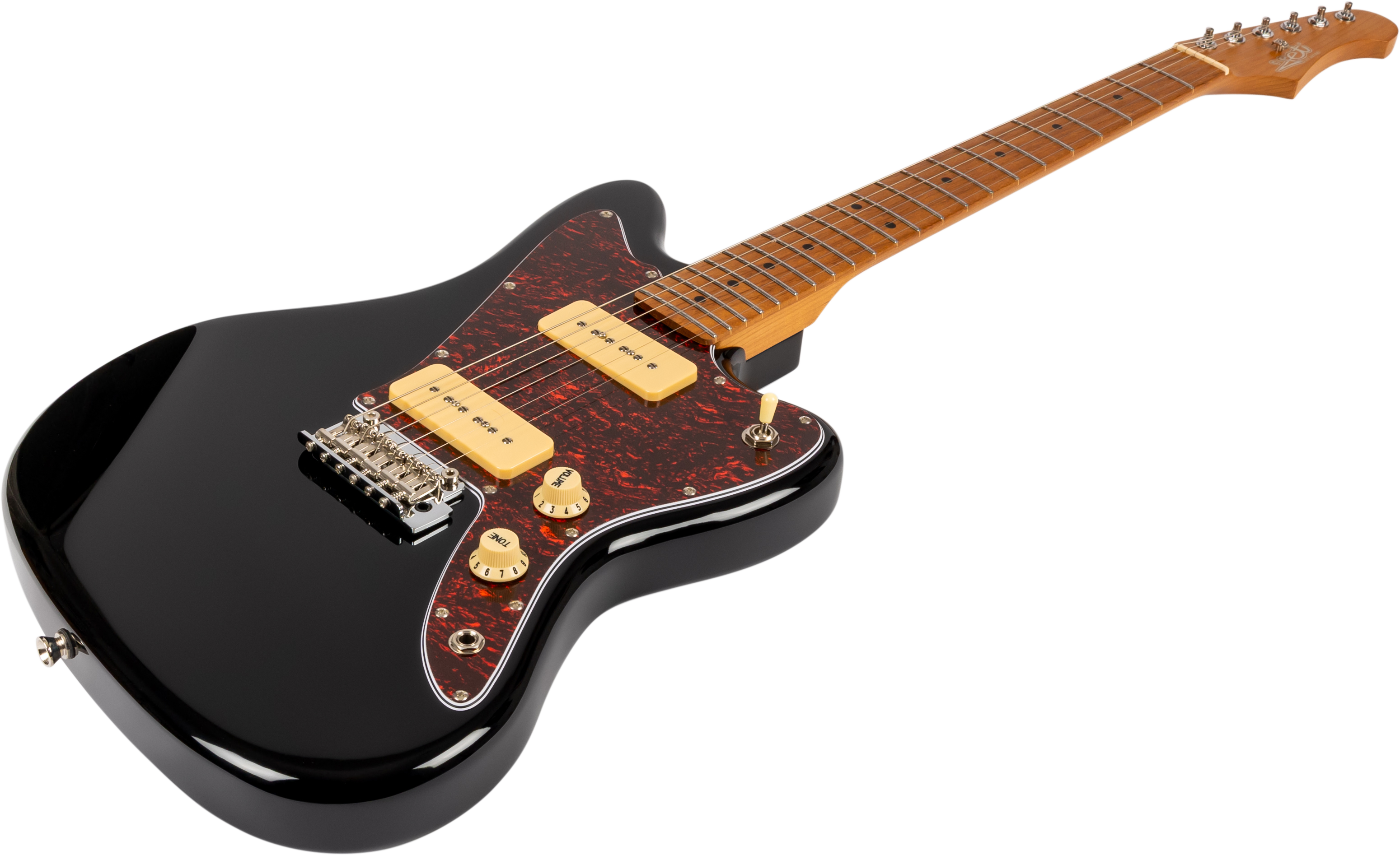 Jet electric guitar with a glossy black body, tortoiseshell pickguard, two cream pickups, three control knobs, and a maple neck.