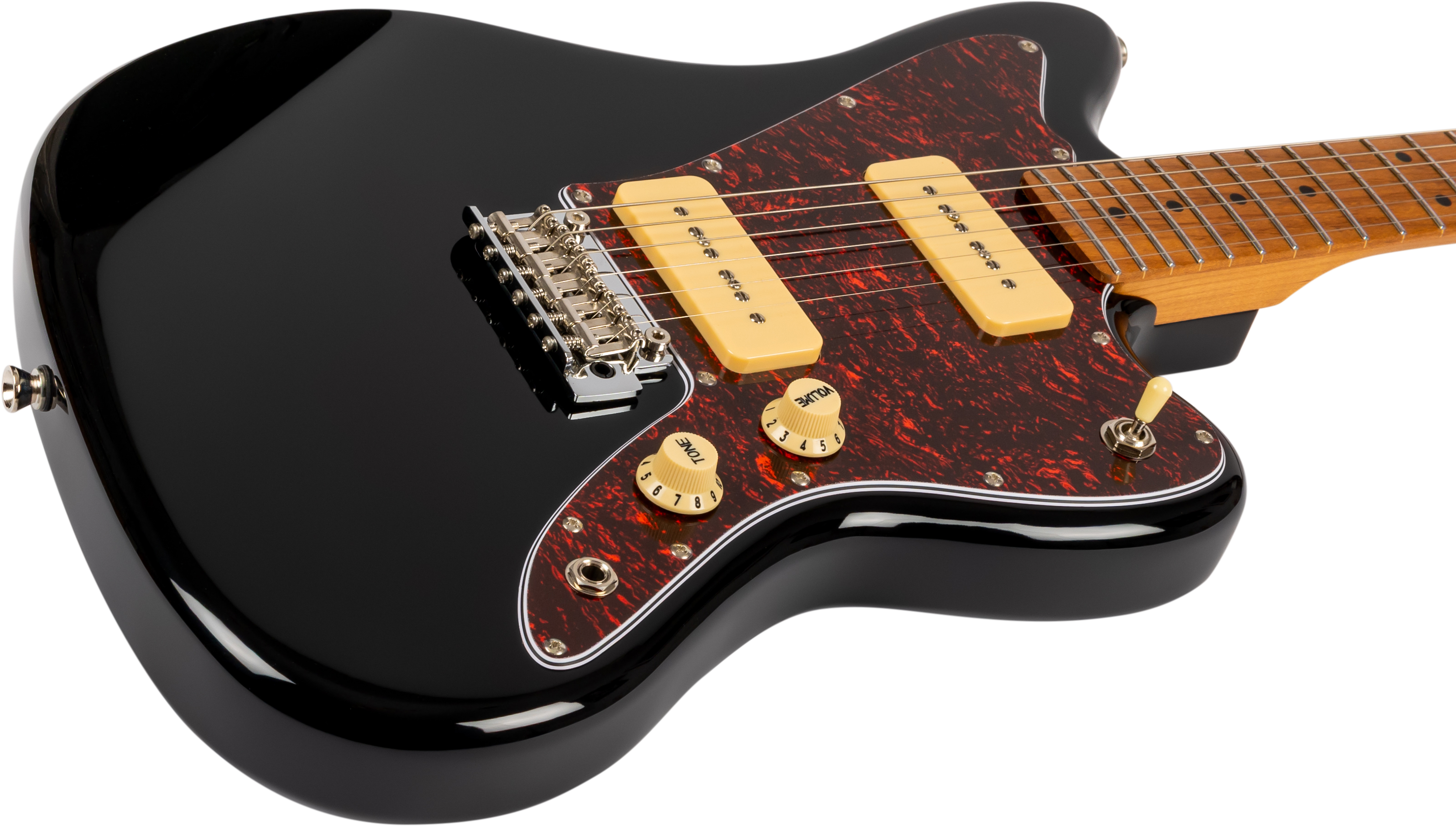 Black Jet Guitar with a red tortoiseshell pickguard, two cream pickups, cream tone and volume knobs, chrome bridge, and a maple neck.