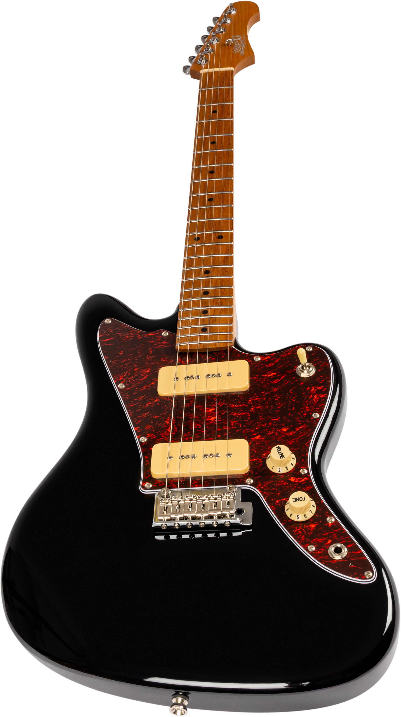 Jet electric guitar with a glossy black body, red tortoiseshell pickguard, two cream pickups, three control knobs, and a maple neck.