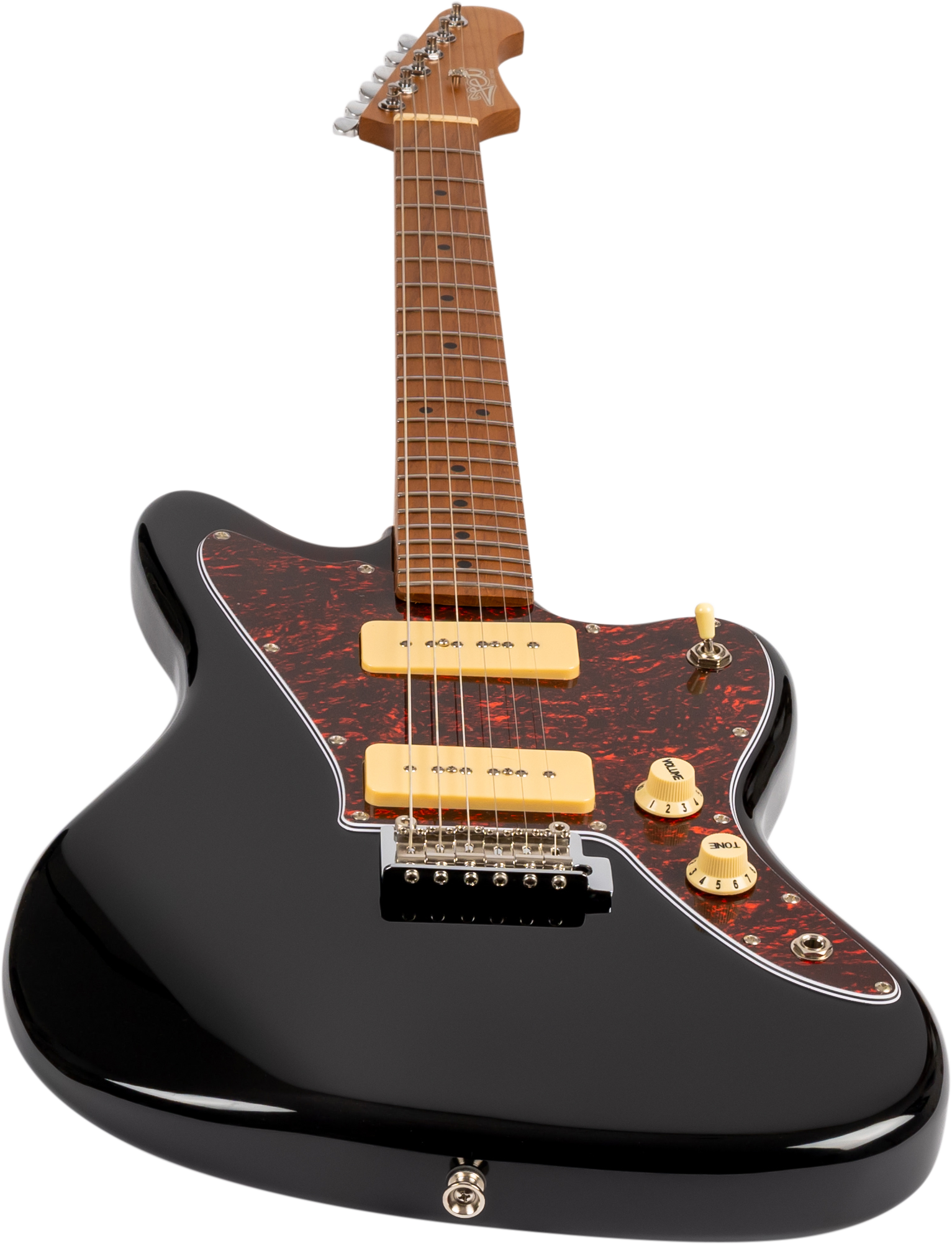 Jet electric guitar with a glossy black body, tortoiseshell pickguard, two cream-colored pickups, and control knobs in gold and cream.