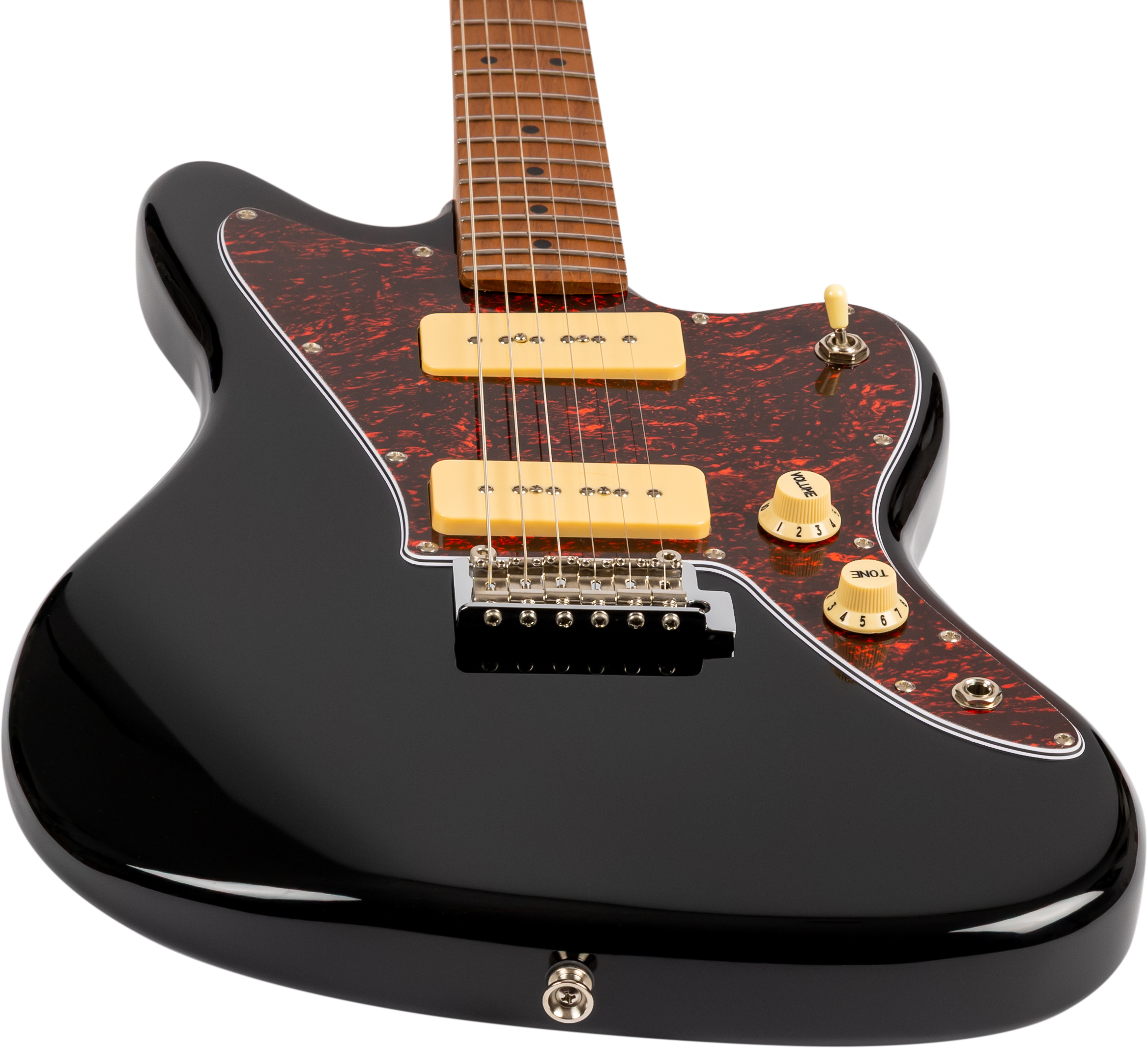 Glossy black Jet Guitar with a reddish tortoiseshell pickguard, two cream pickups, and cream-colored volume and tone knobs.
