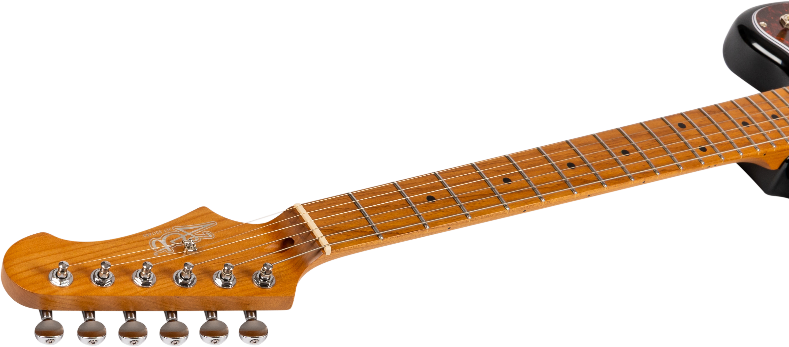 Light brown Jet Guitars electric guitar neck and headstock with six tuning pegs, dot inlays, and part of a black guitar body visible.
