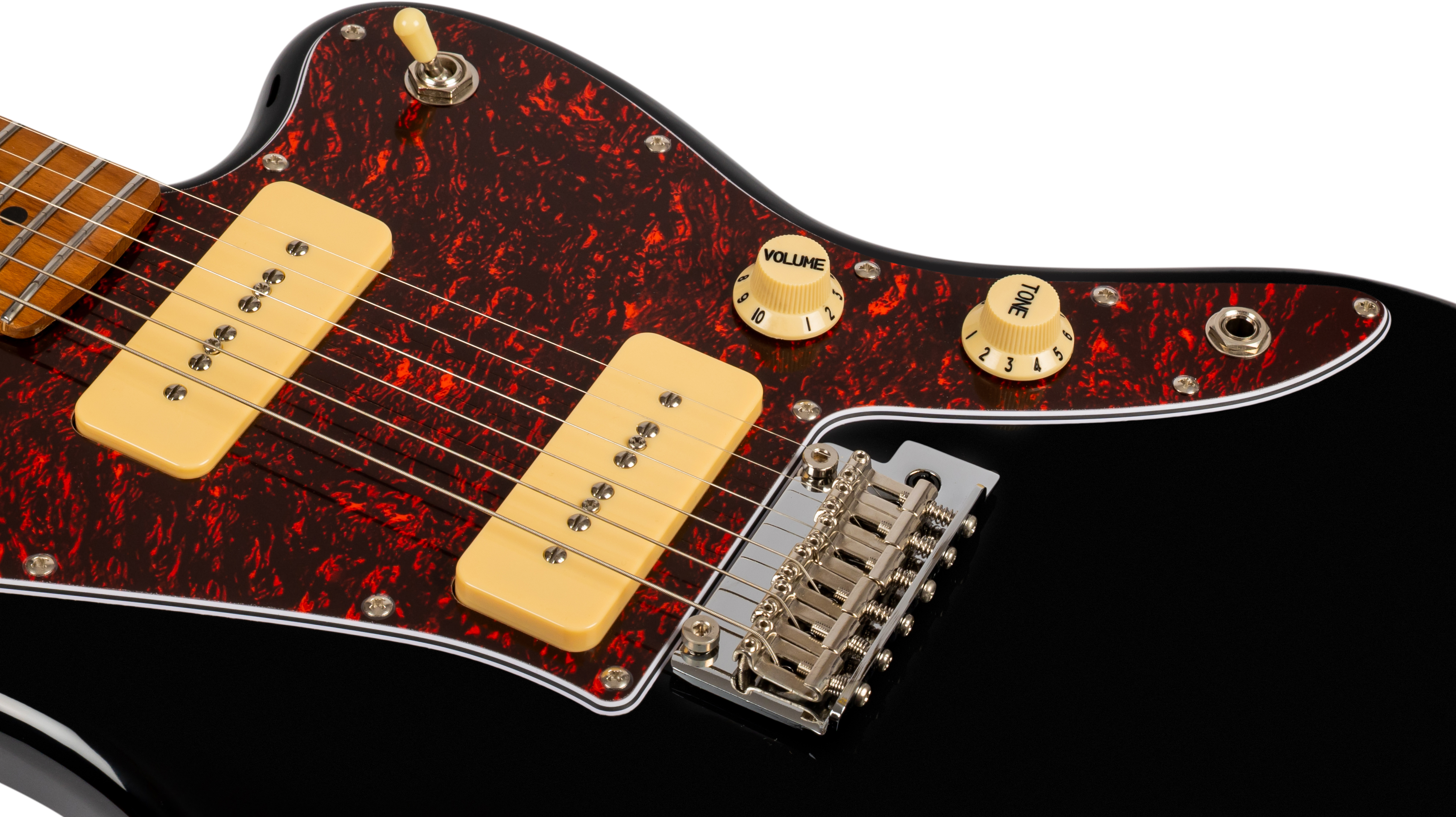 Jet Guitars electric guitar in black with two cream pickups, red tortoiseshell pickguard, chrome bridge, and cream volume and tone knobs.