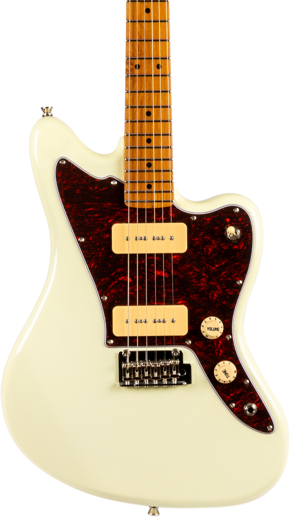 Guitare électrique crème avec pickguard bordeaux, deux micros rectangulaires couleur crème, boutons volume et tonalité, manche érable.