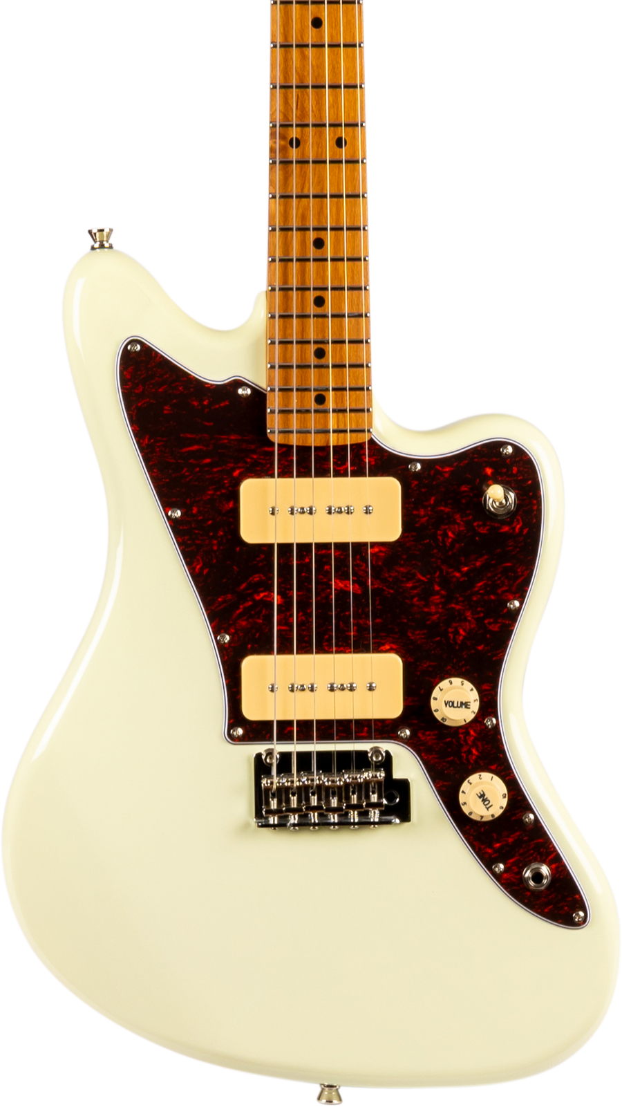 Guitare électrique crème avec pickguard bordeaux, deux micros rectangulaires couleur crème, boutons volume et tonalité, manche érable.