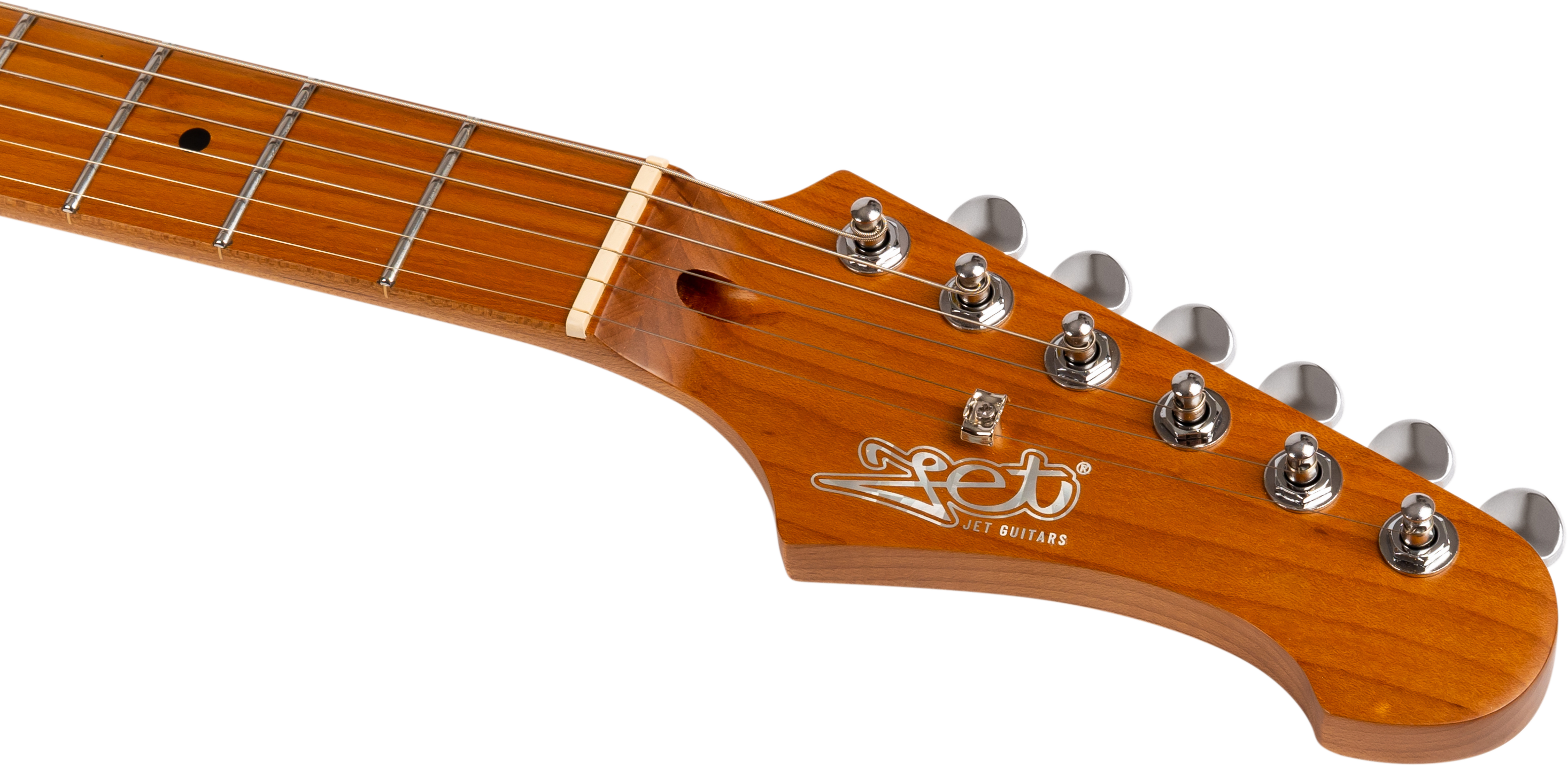 Tête de guitare électrique en bois verni avec six mécaniques métalliques alignées et logo Jet Guitars inscrit en blanc.