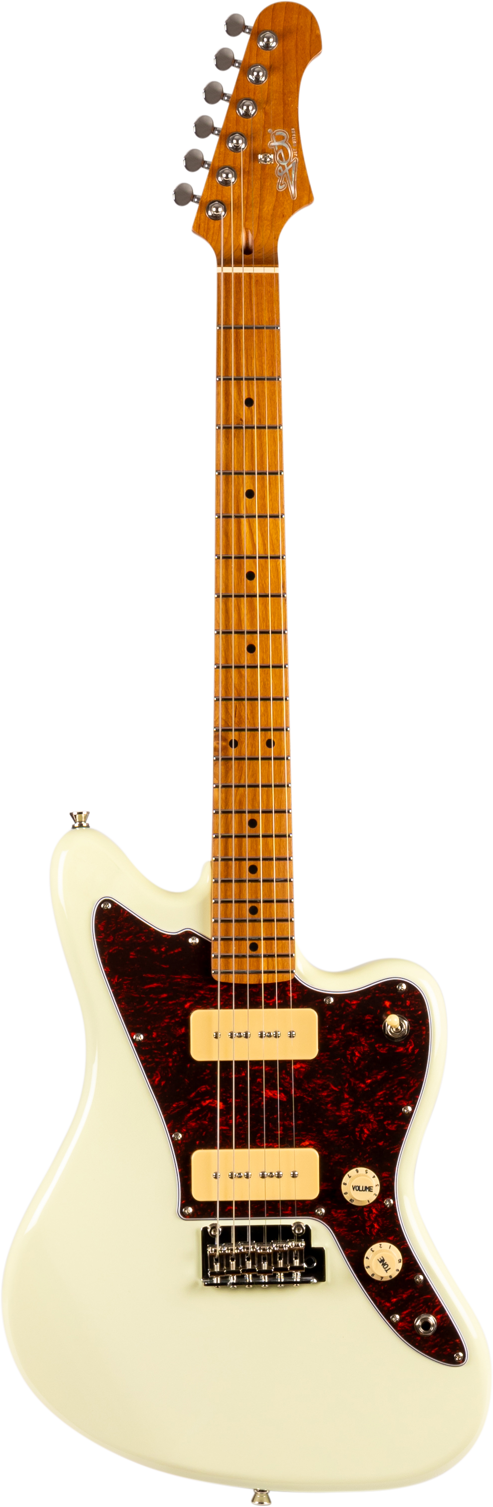 Guitare électrique blanche avec pickguard marron foncé, deux micros crème, touches et manche en bois clair, six mécaniques argentées.