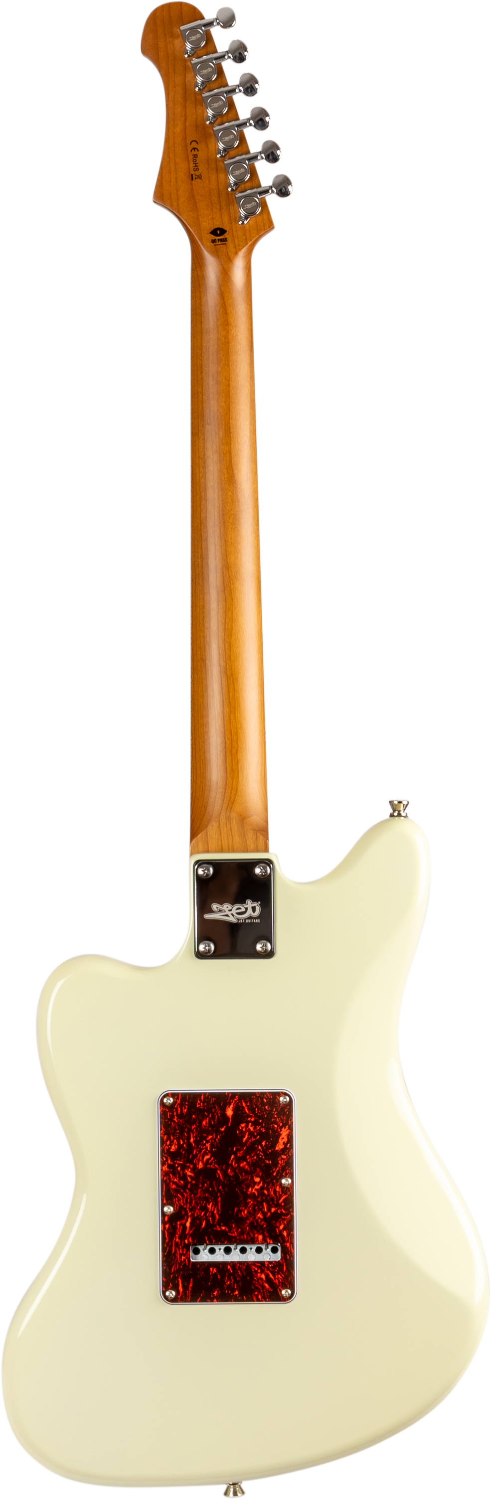 Guitare électrique crème vue de dos, manche en bois clair, plaque rouge marbrée et plaque métallique avec logo sur la jointure du manche.