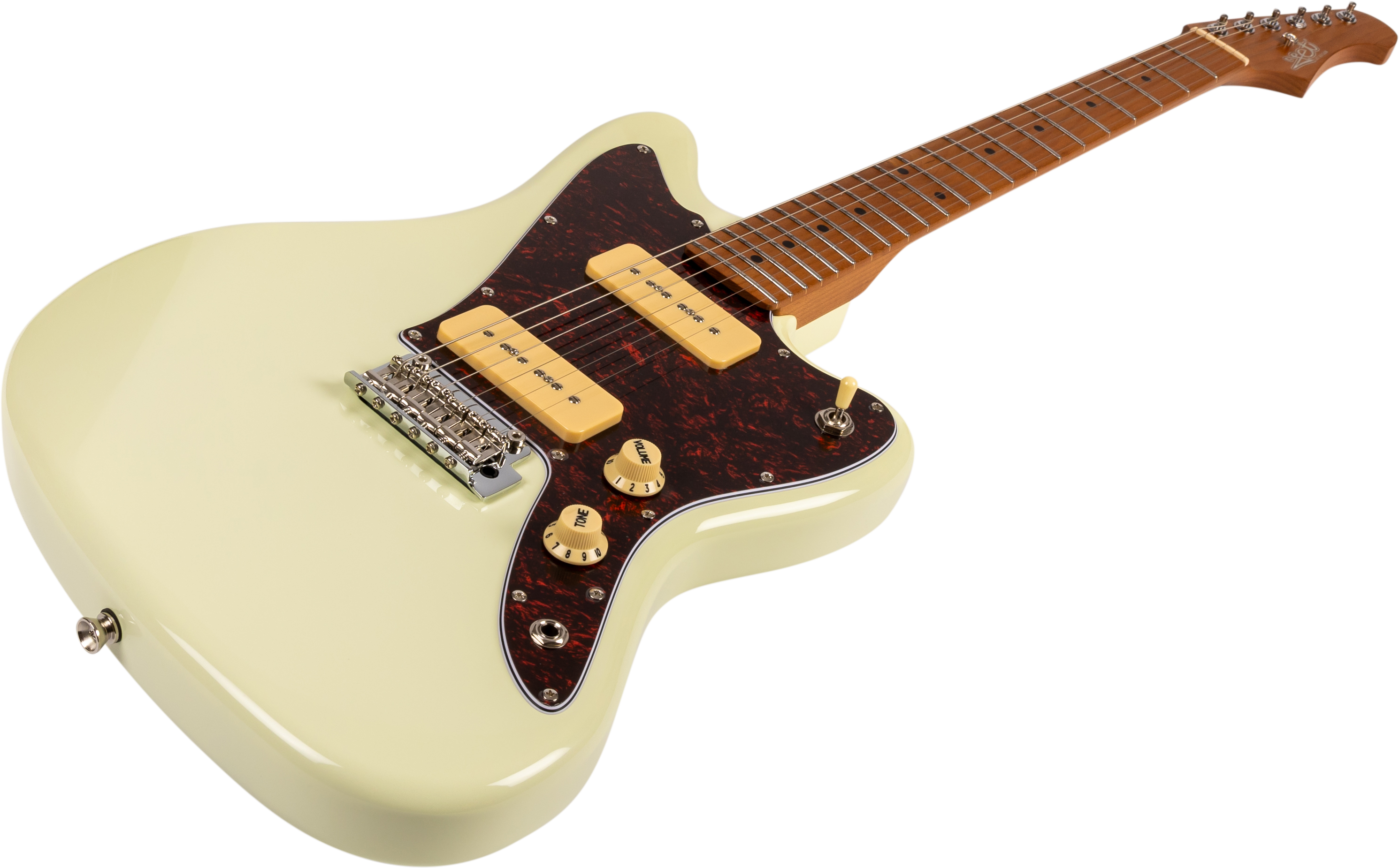 Guitare électrique crème, pickguard marron, deux micros simples jaunes, trois boutons de réglage et un sélecteur, manche bois clair, six cordes.