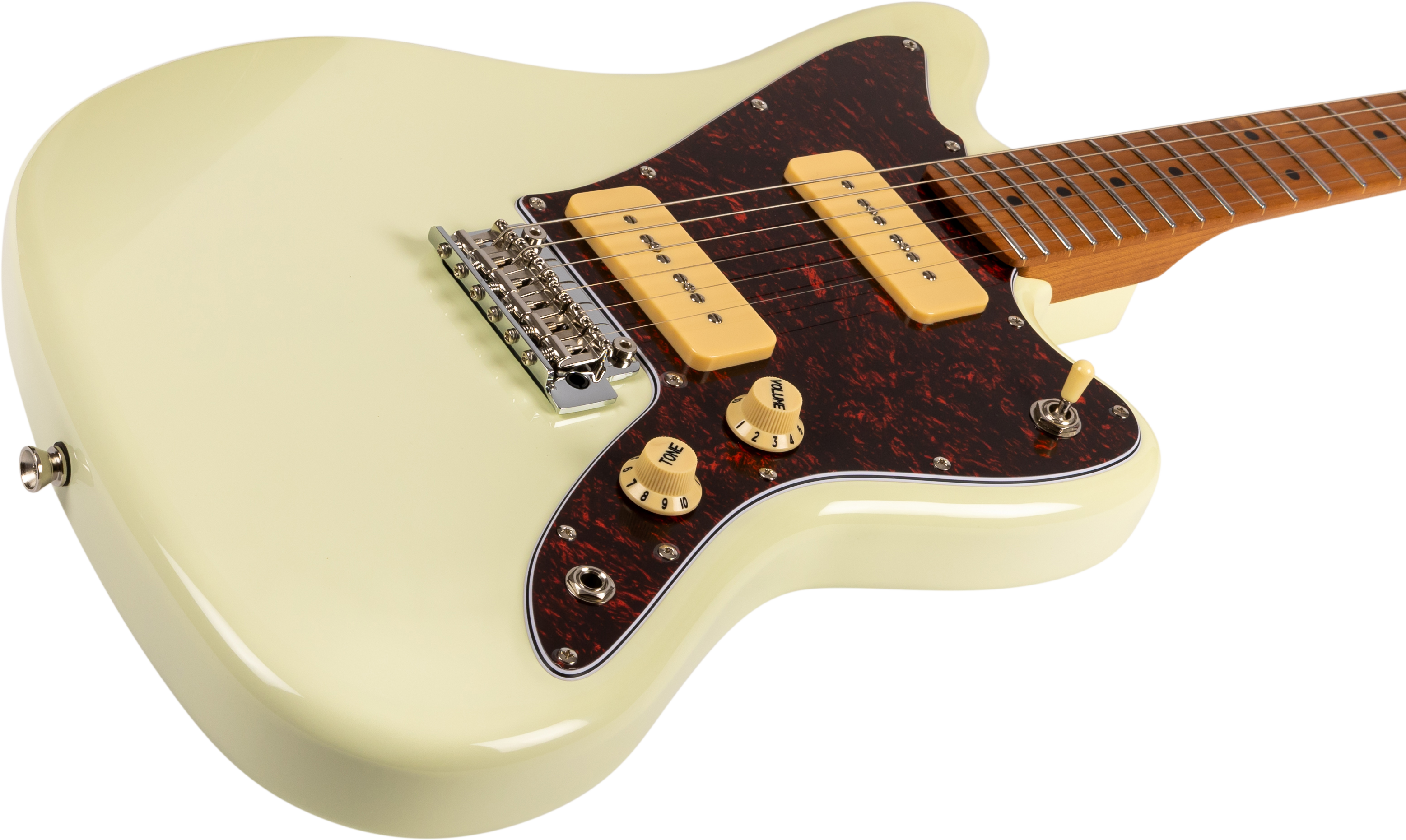 Guitare électrique crème, deux micros simples jaunes, pickguard marron texturé, deux boutons crème numérotés et un sélecteur métallique.