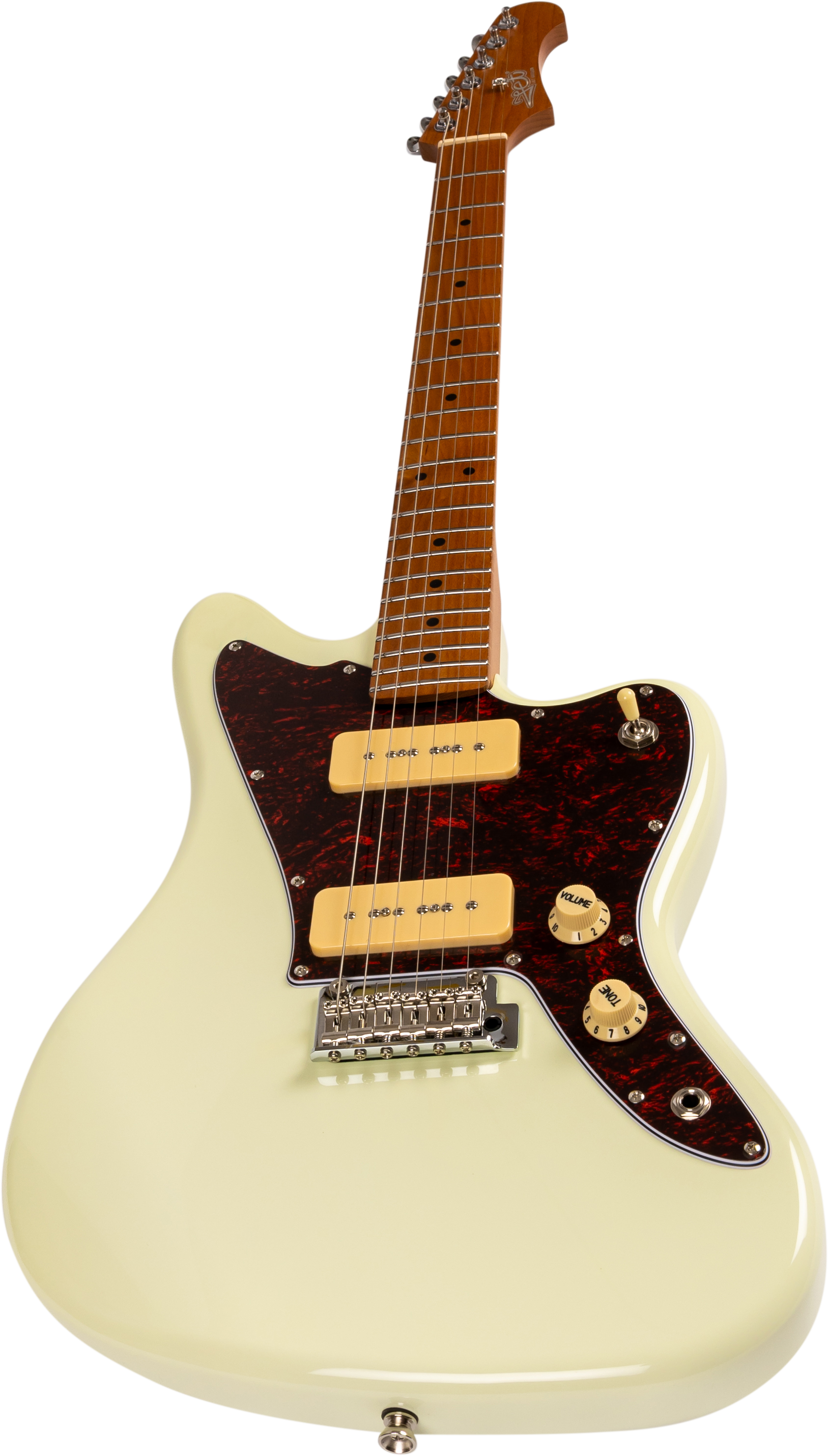 Guitare électrique crème à deux micros rectangulaires jaunes, plaque sombre mouchetée, boutons de réglages clairs et manche en bois marron.