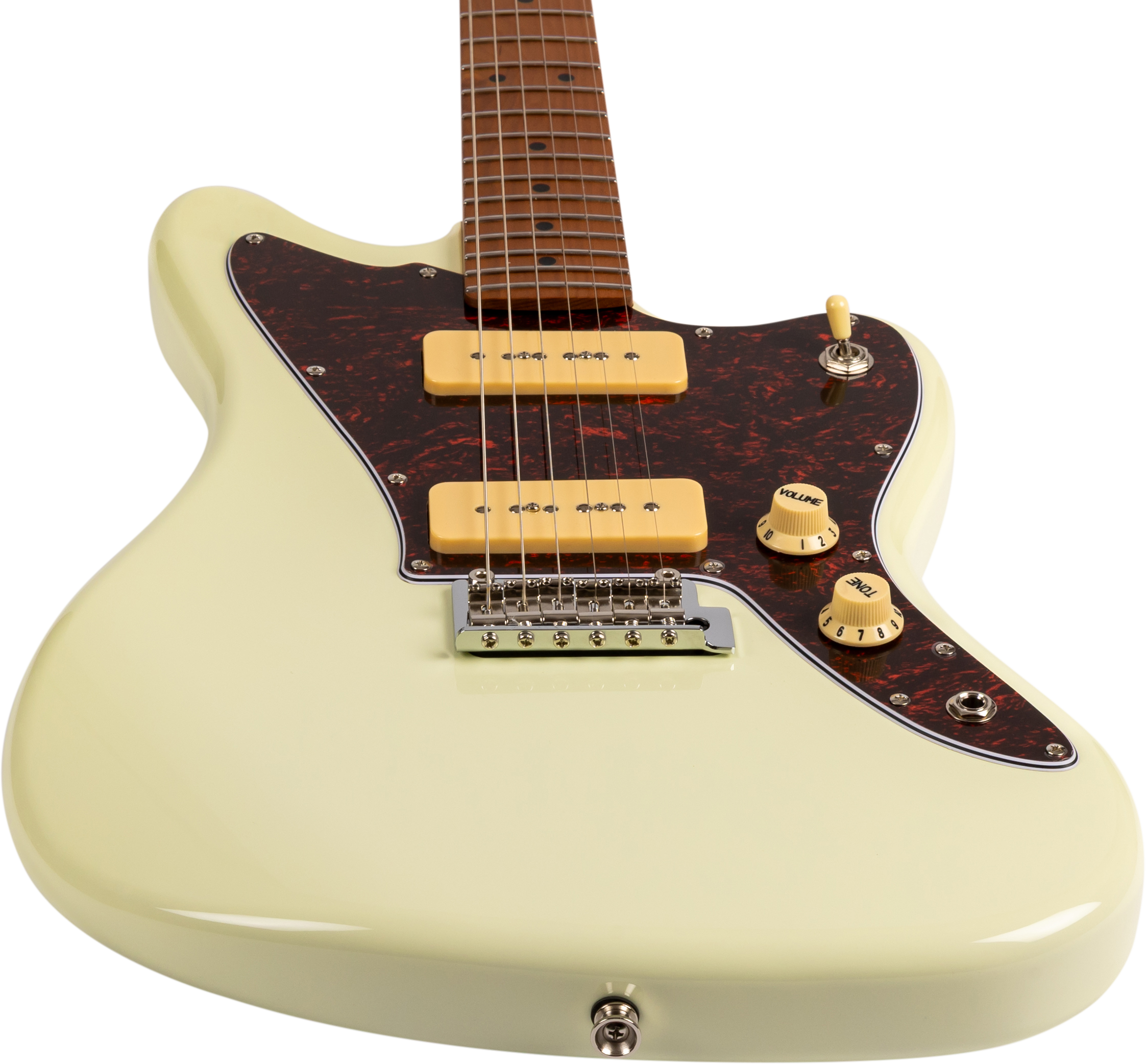 Guitare électrique crème avec deux micros jaune pâle, trois boutons ronds crème et un grand pickguard marron foncé nervuré.