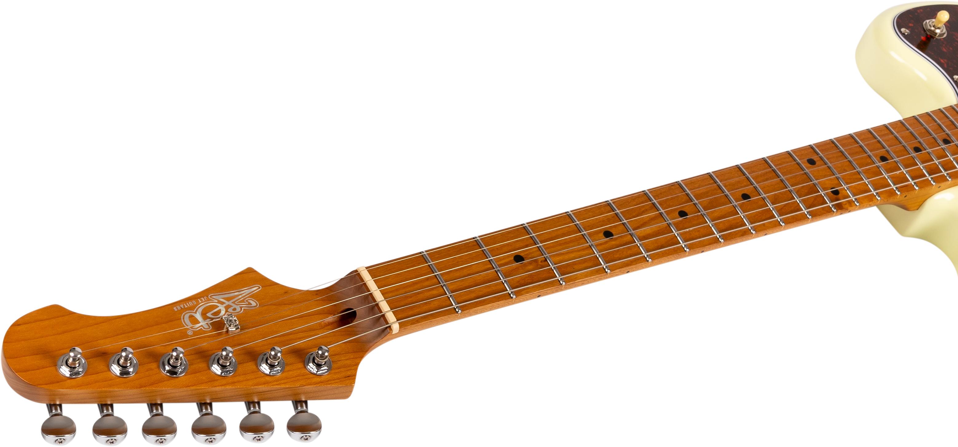 Guitare électrique avec manche en bois foncé, repères ronds noirs, tête à six mécaniques chromées et corps blanc crème partiellement visible.