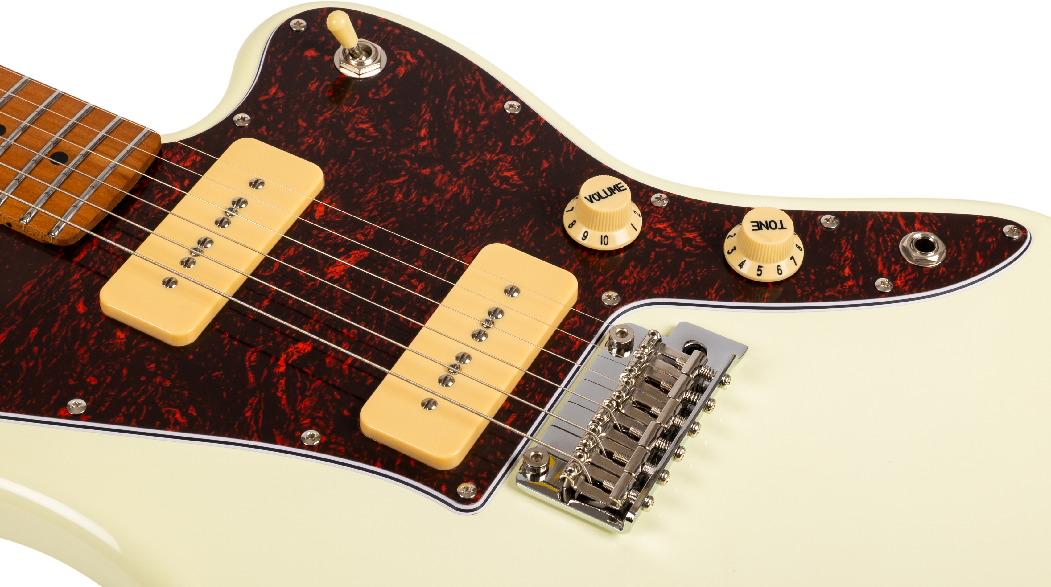 Guitare électrique crème avec deux micros simples crème, pickguard marron moucheté, deux boutons de réglage et un sélecteur de micros.