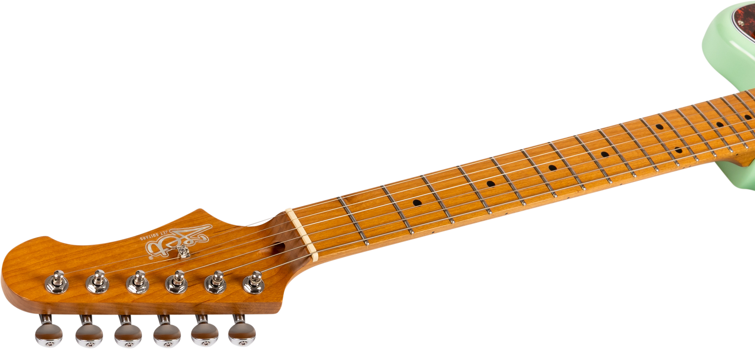 Manche de guitare électrique en bois verni avec six mécaniques chromées, repères ronds noirs et corps vert pâle visible à droite.