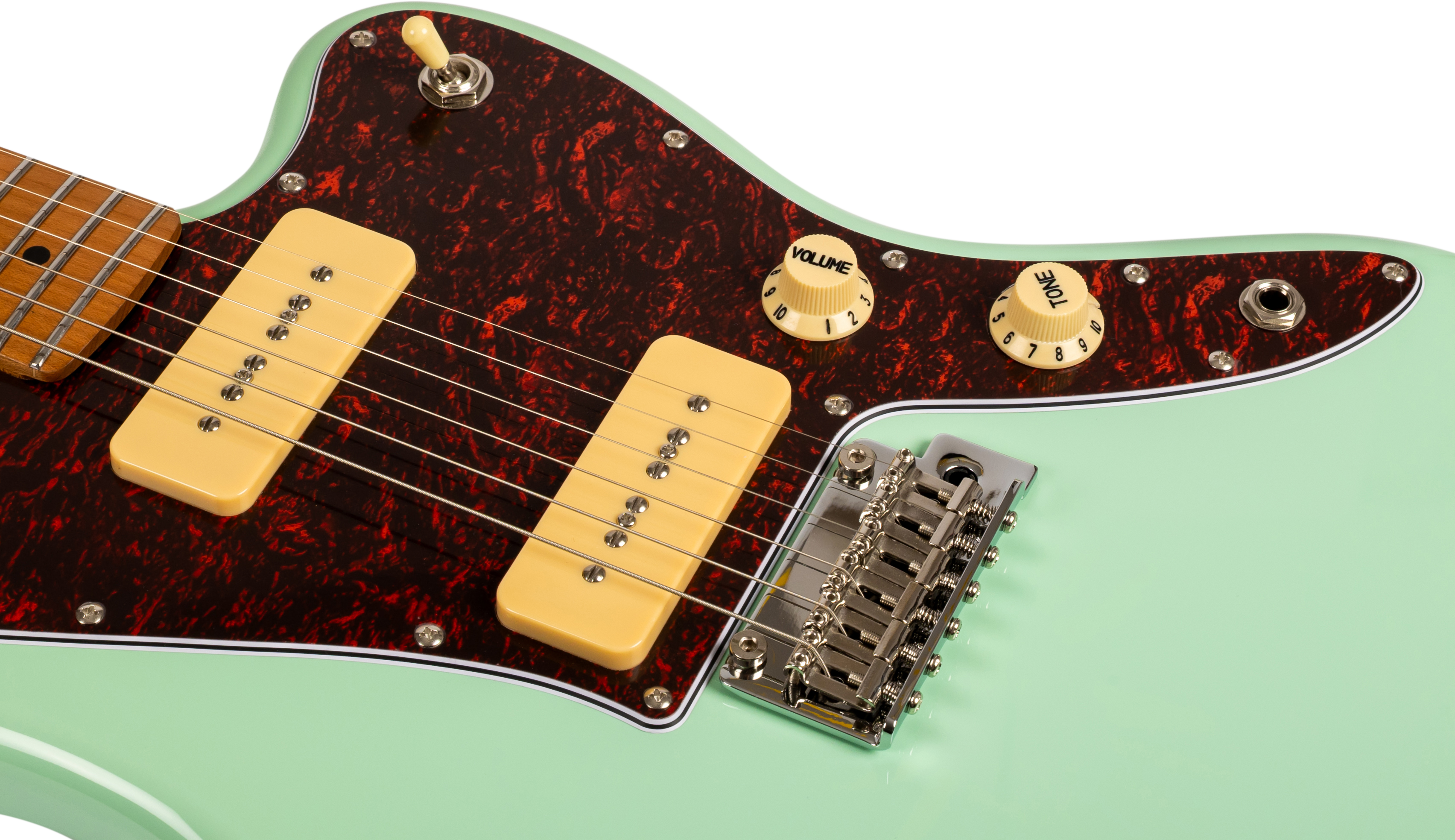 Guitare électrique vert clair avec deux micros crème, pickguard marron moucheté, deux boutons crème et sélecteur de micro chromé.