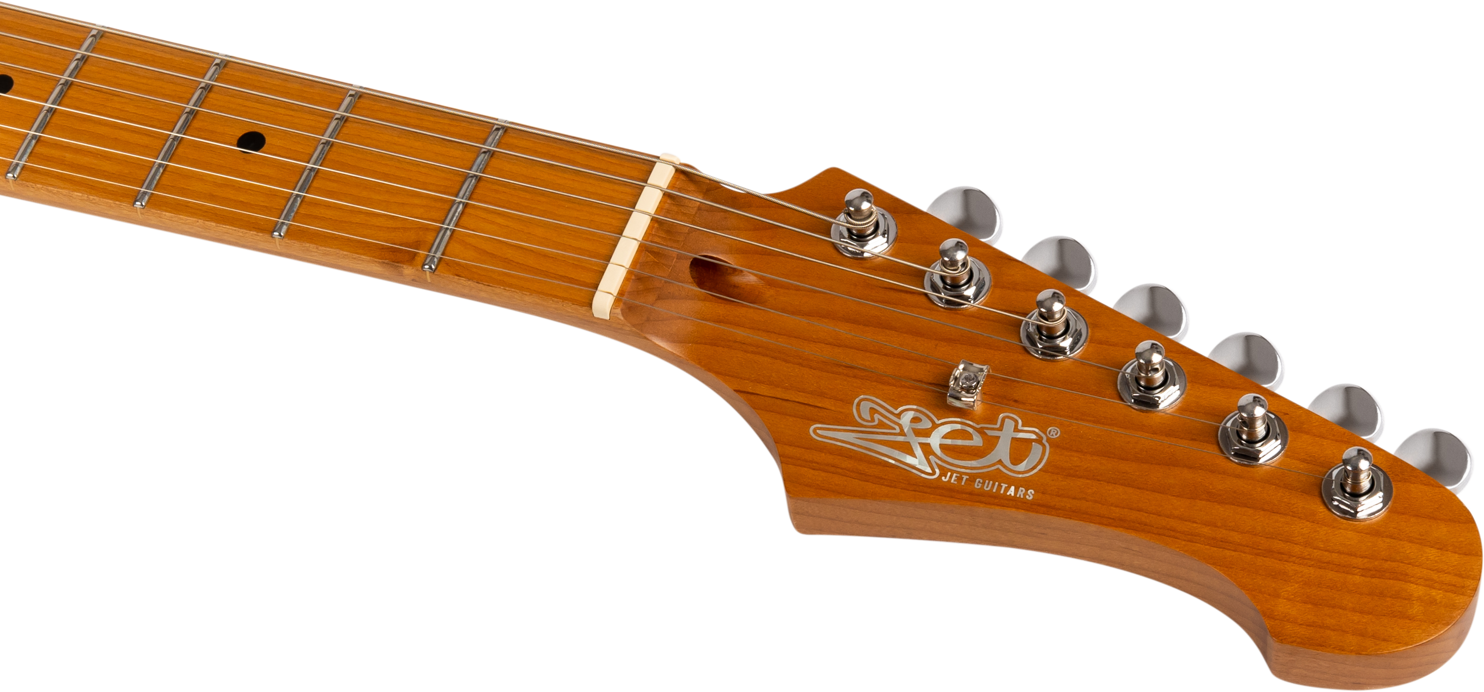 Manche de guitare électrique couleur bois avec six mécaniques chromées alignées et logo « Jet Guitars » en blanc sur la tête.