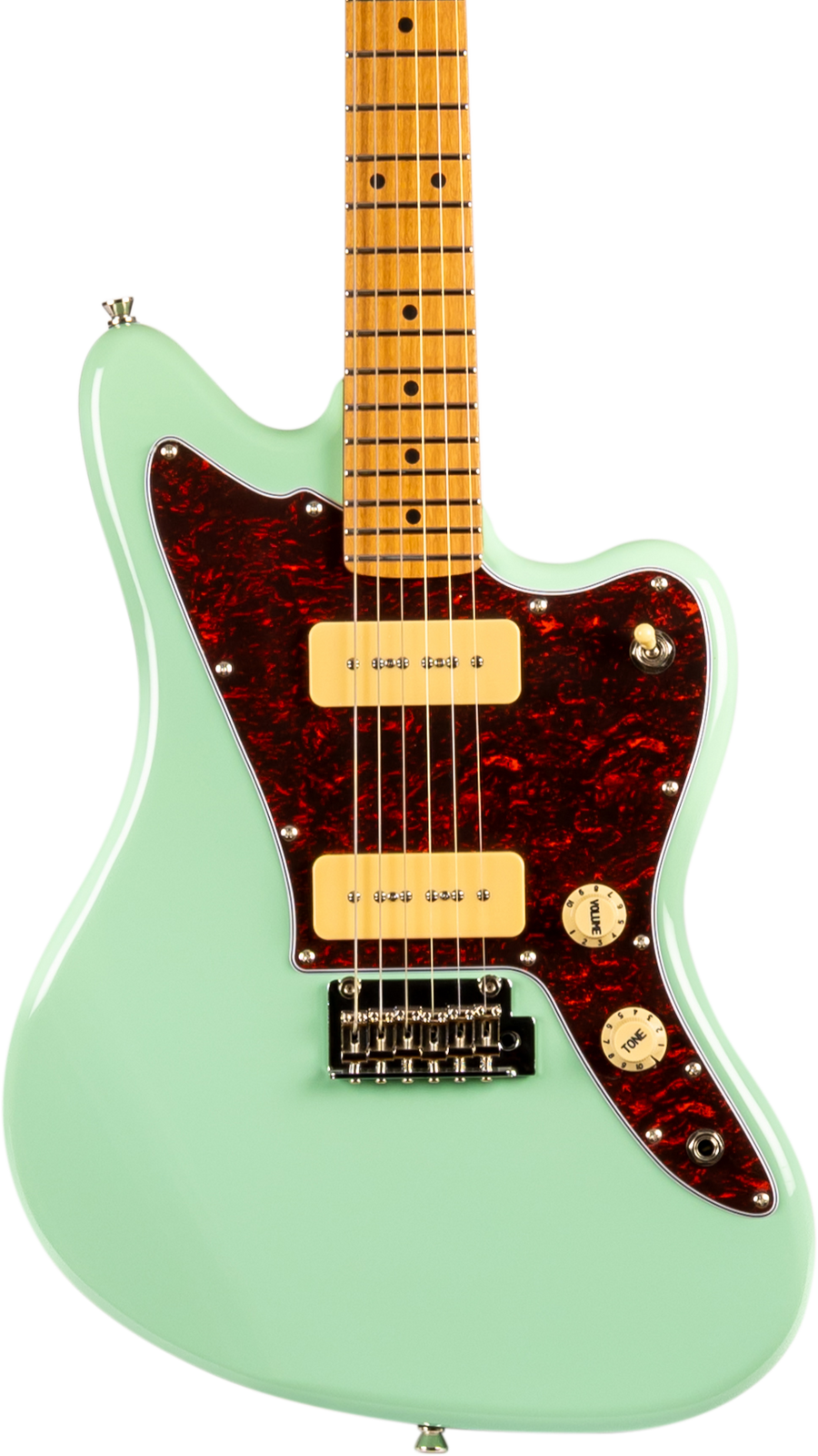 Guitare électrique vert pastel avec deux micros crème, plaque rouge foncé mouchetée, boutons crème et manche en bois clair.