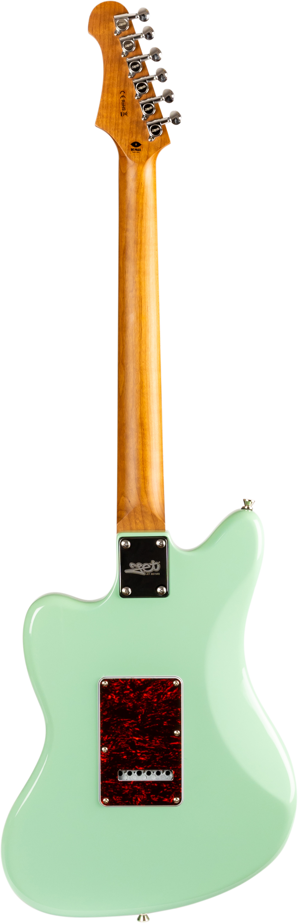 Guitare électrique vue de dos, corps vert pastel, plaque rouge brun marbré, manche bois clair, mécaniques chromées alignées sur la tête.