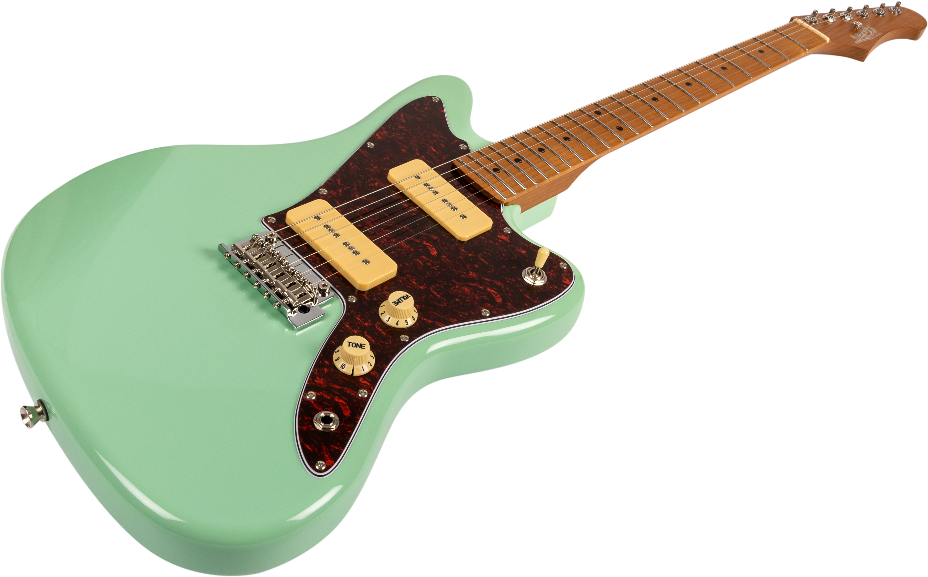 Guitare électrique à corps vert clair, plaque brune, deux micros jaunes, boutons ton/volume crème et manche en bois clair.