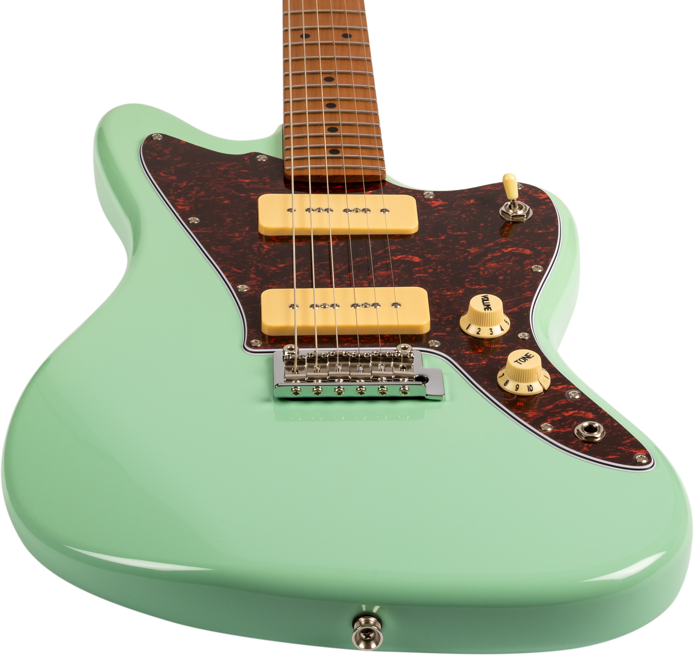 Guitare électrique verte à deux micros jaunes, plaque de protection marron foncé et trois boutons beiges pour volume et tonalité.