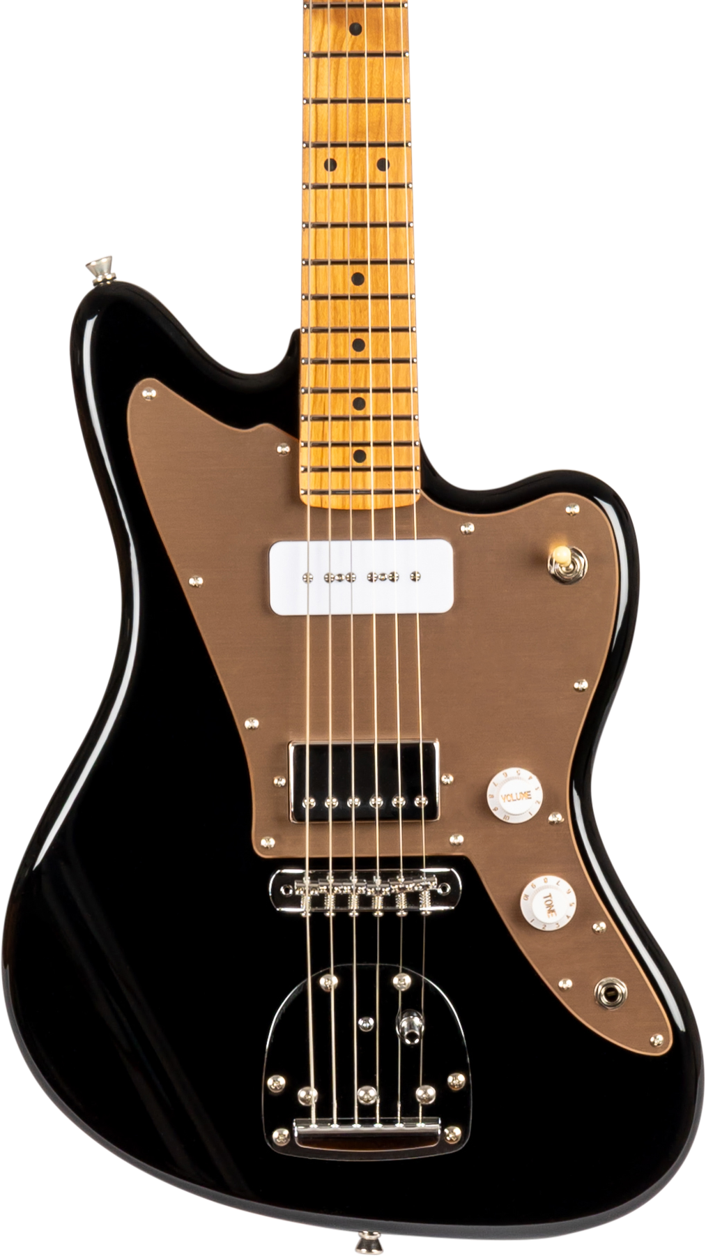 Guitare électrique noire à corps asymétrique, plaque brune, manche en bois clair, deux micros, boutons de volume et tonalité blancs.