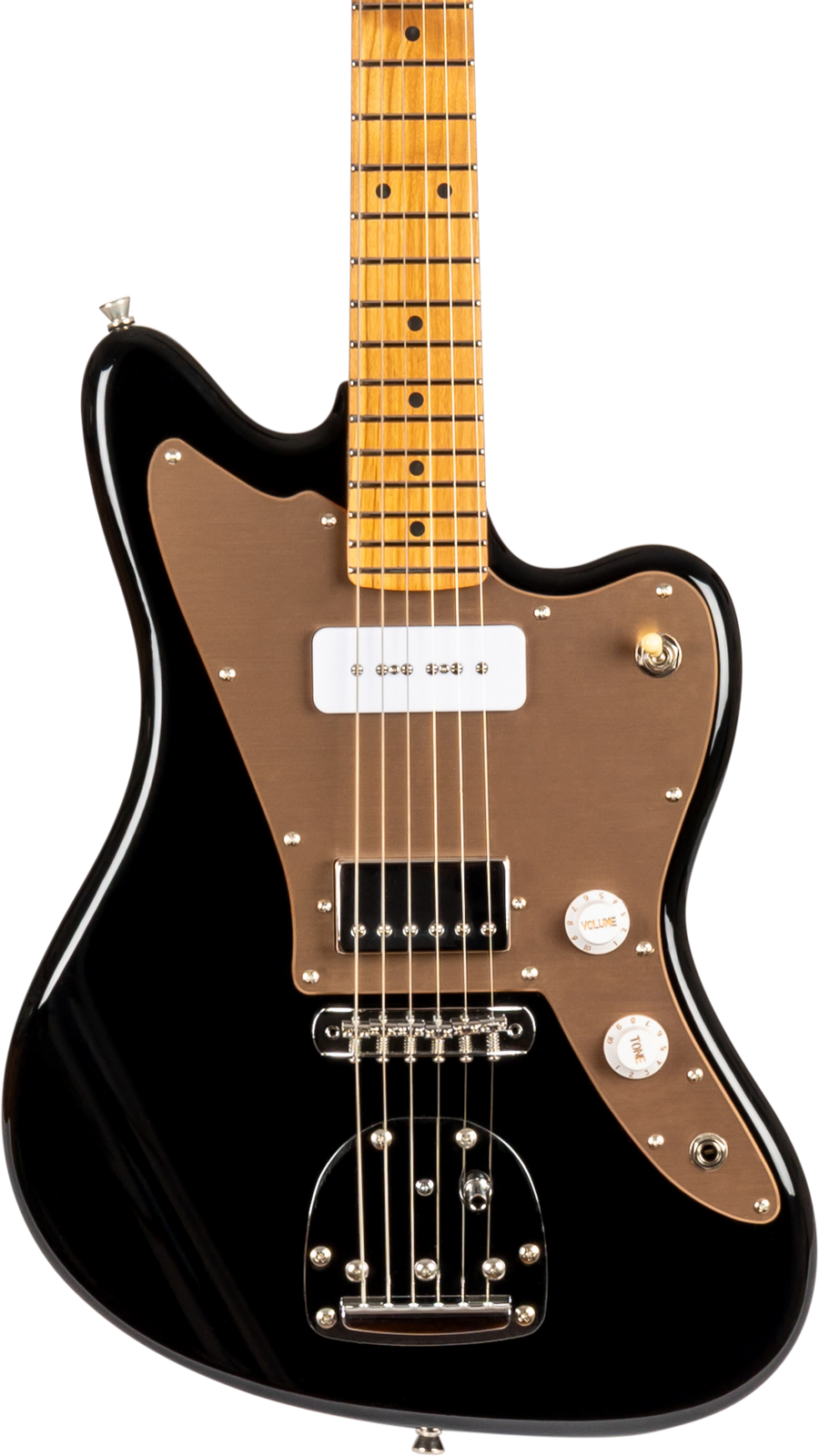 Guitare électrique noire à corps asymétrique, plaque brune, manche en bois clair, deux micros, boutons de volume et tonalité blancs.