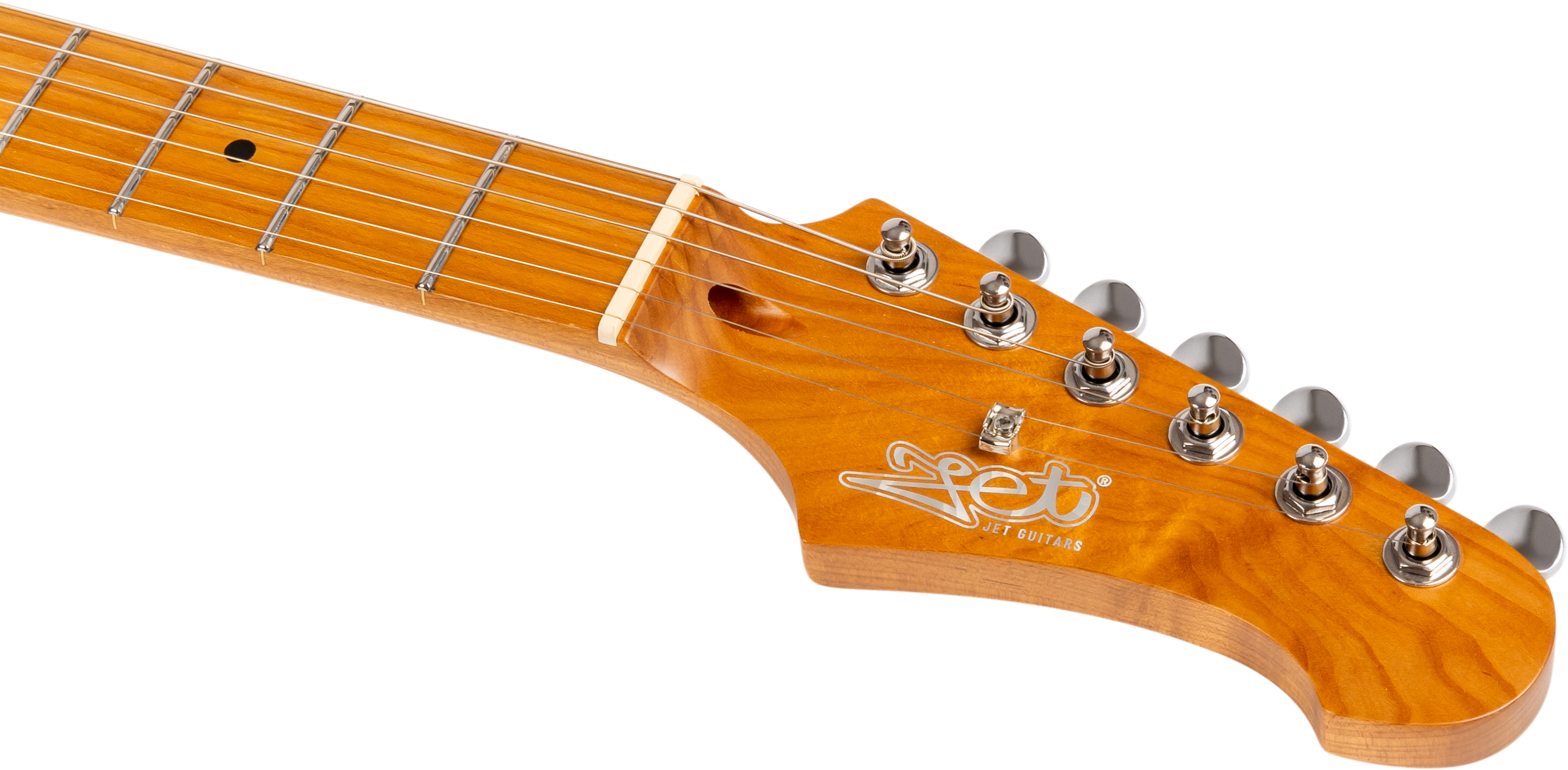 Manche de guitare électrique en bois verni, six mécaniques argentées alignées, logo « Jet Guitars » blanc sur la tête.