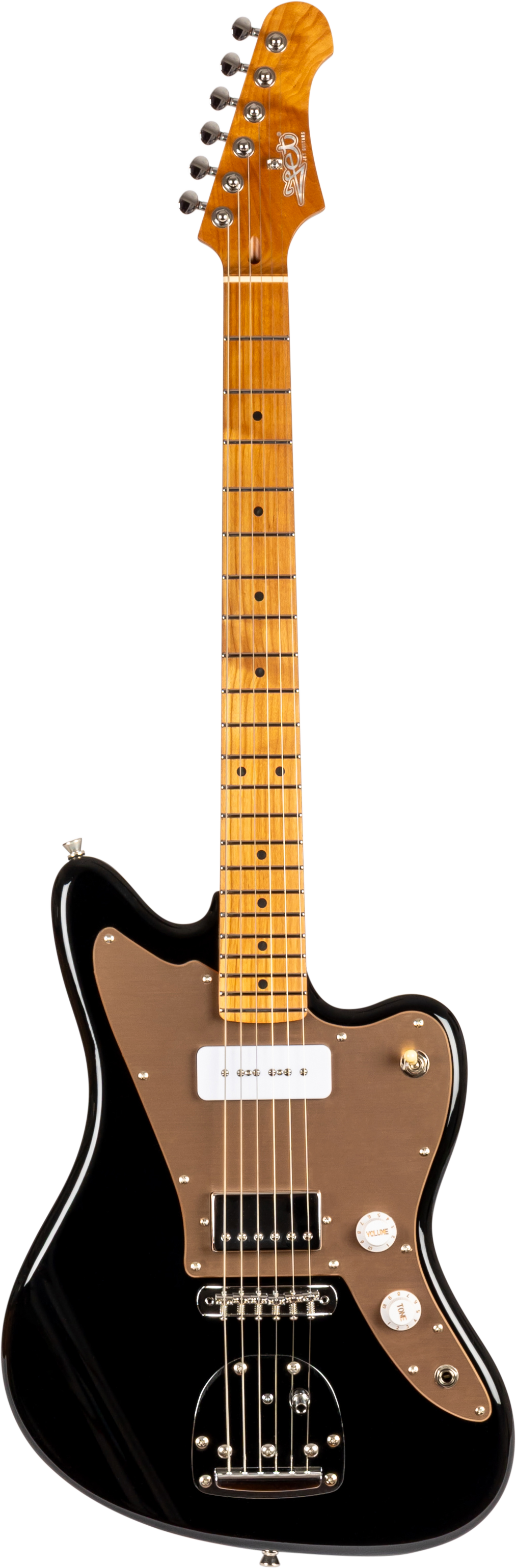 Guitare électrique noire à six cordes, corps asymétrique, deux micros, plaque de protection bronze et manches en bois clair avec repères noirs.