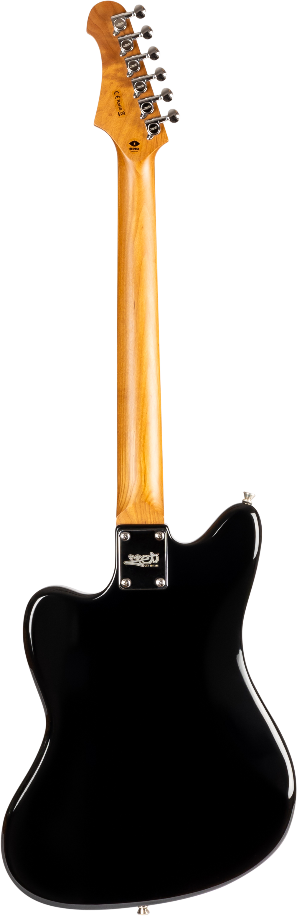 Guitare électrique noire vue de dos, manche en bois clair, six mécaniques chromées alignées sur la tête.