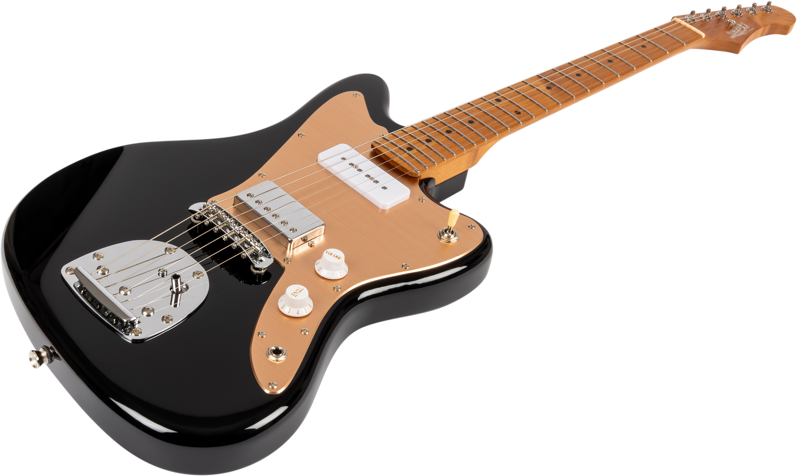 Guitare électrique noire avec pickguard doré, deux micros simples blancs, trois boutons blancs et un sélecteur, manche en bois clair.