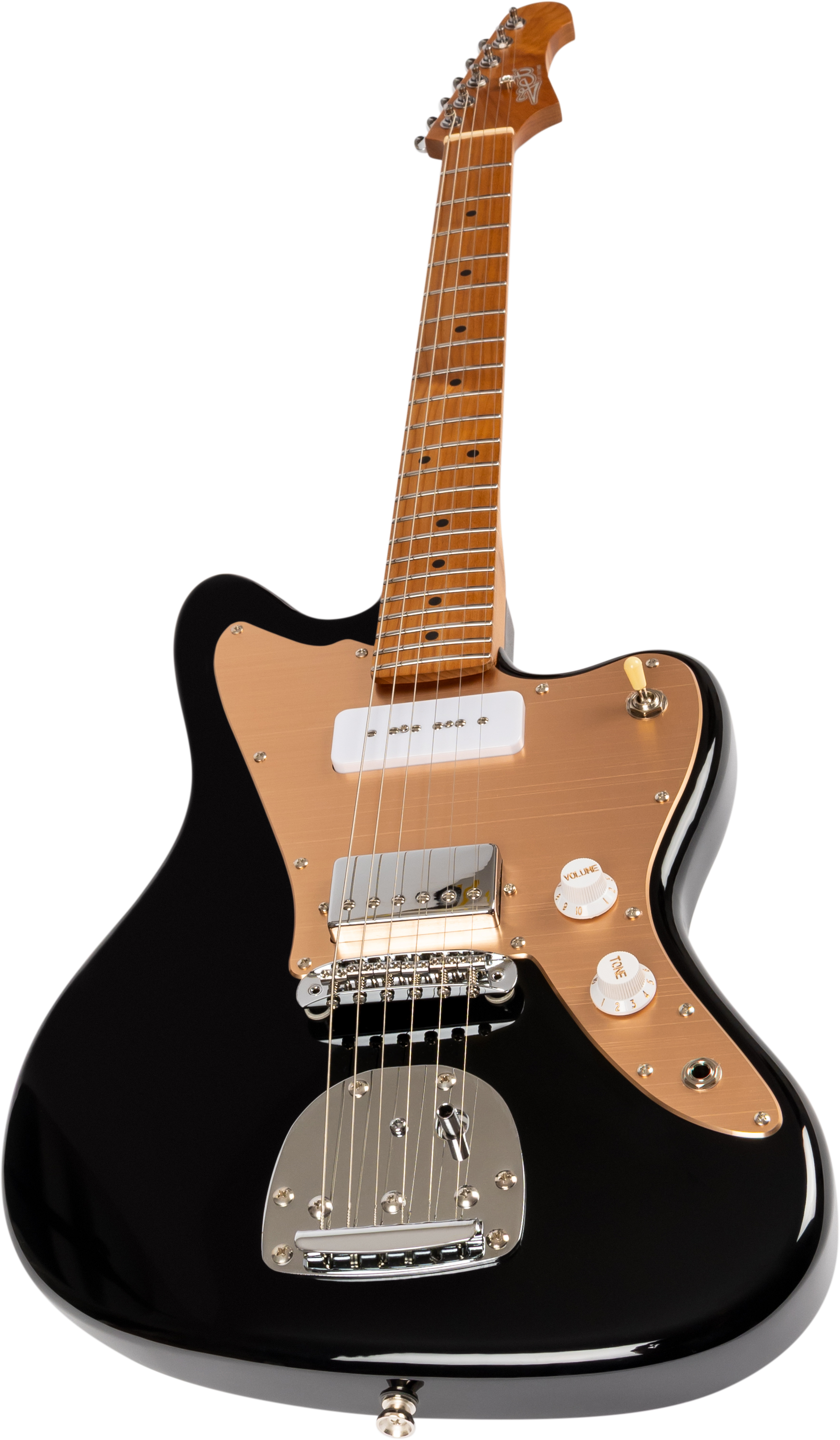 Guitare électrique noire à pickguard doré, manche en bois clair, deux micros, boutons blancs volume et tonalité, sélecteur jaune clair.