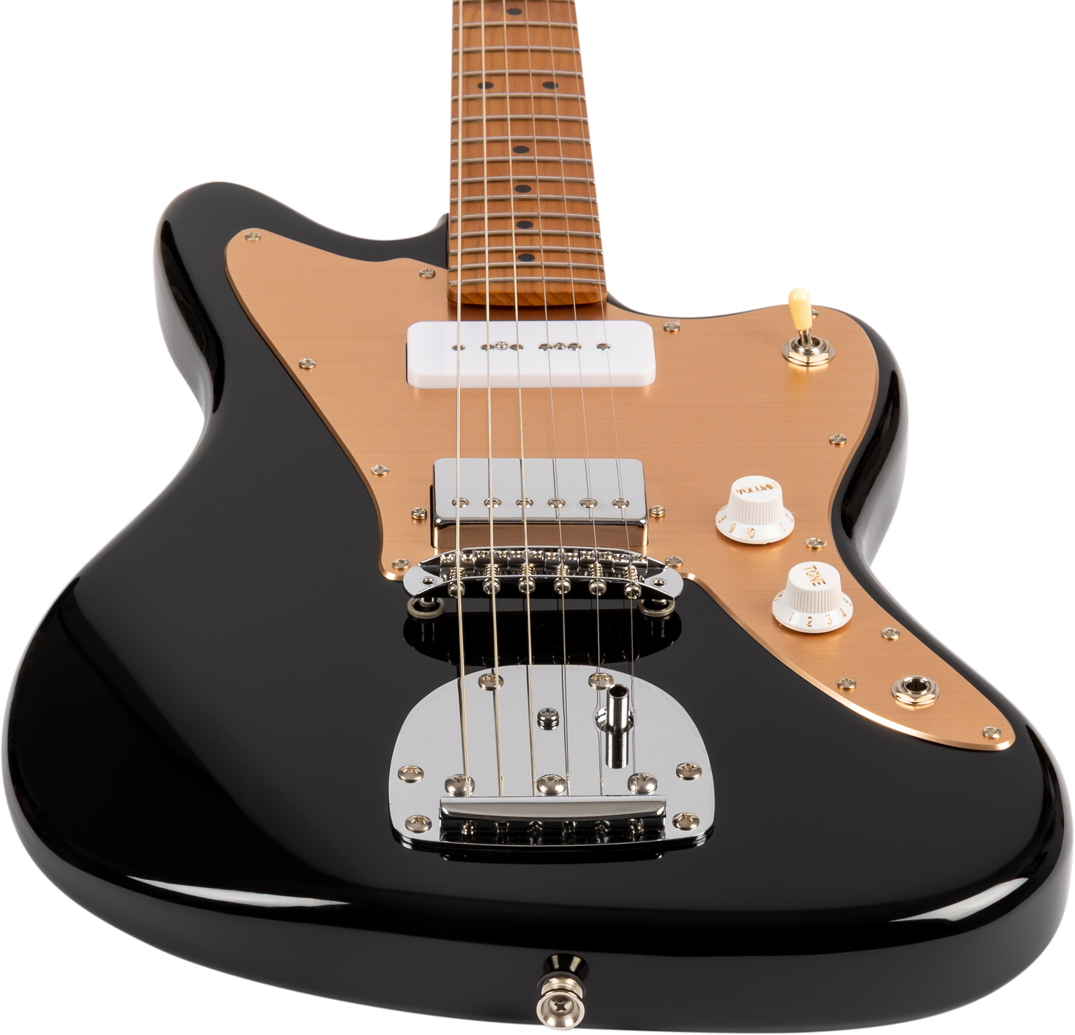 Guitare électrique noire avec plaque dorée, deux micros blancs, deux boutons blancs, un sélecteur jaune et un chevalet chromé.