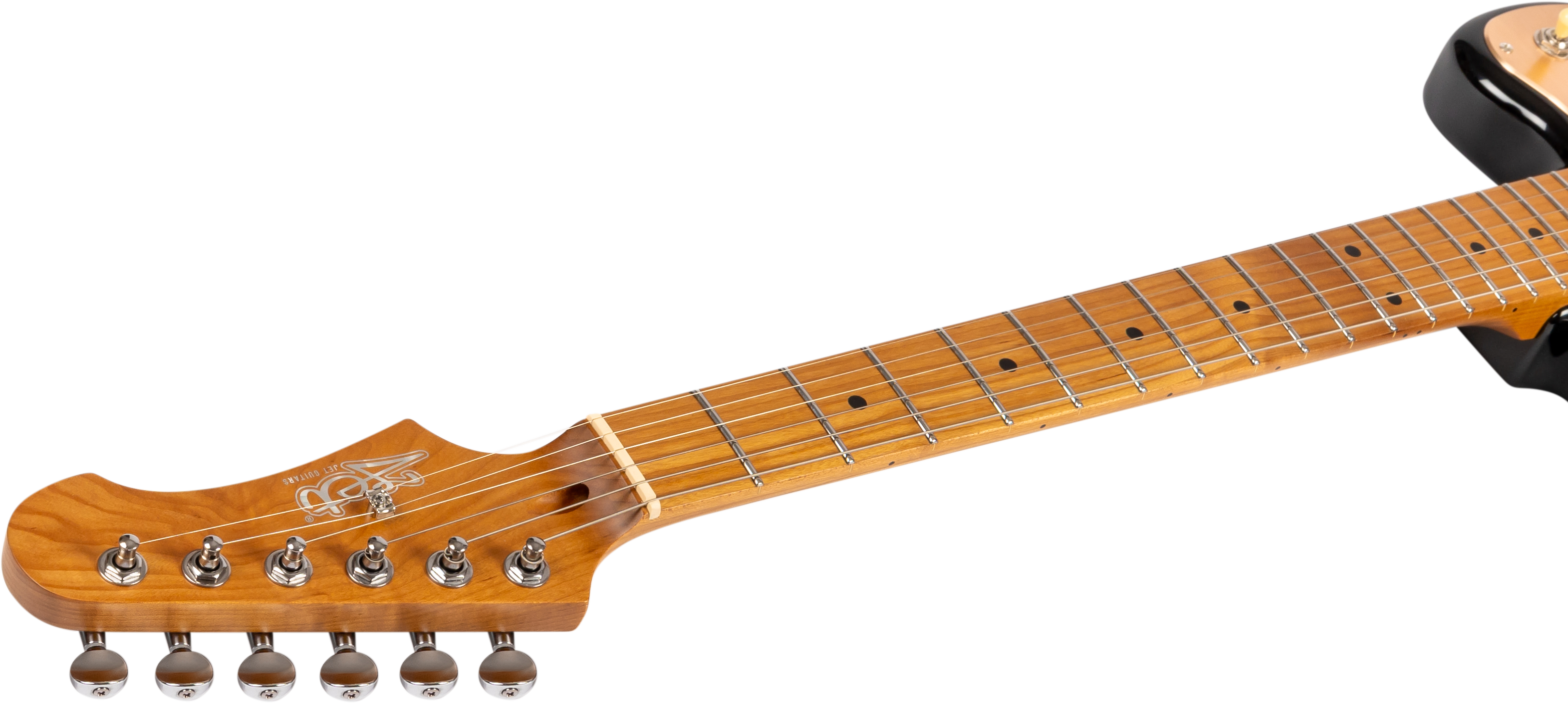 Manche de guitare électrique en bois clair, six mécaniques chromées alignées, touches avec repères noirs circulaires.