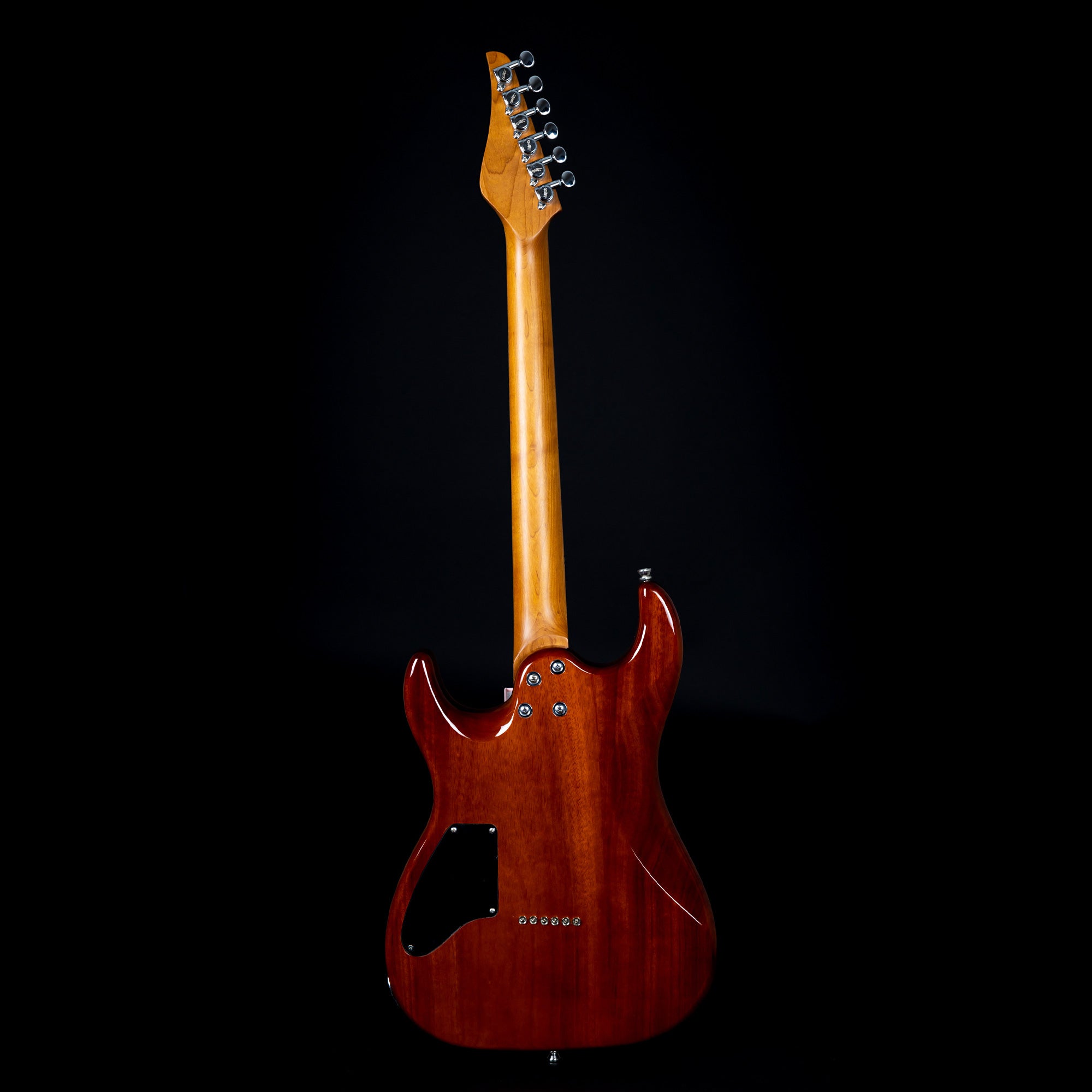 Rear view of a brown electric guitar showing a wooden neck, six tuning pegs, and a glossy, contoured body with a black plastic backplate.