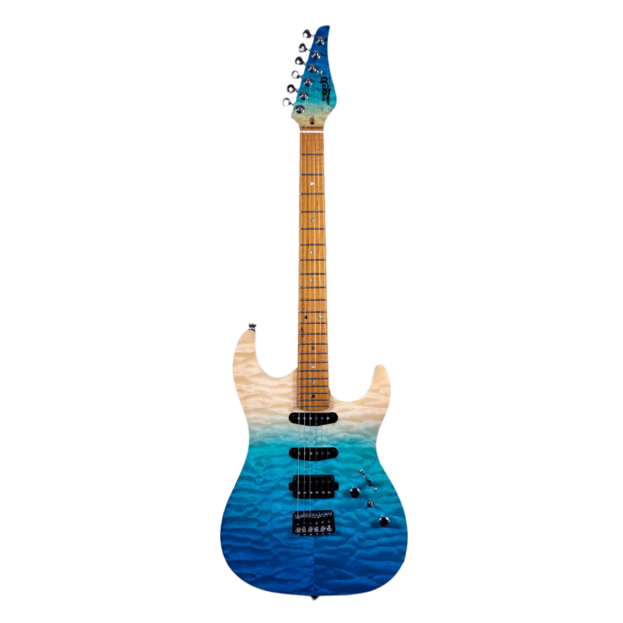 Electric guitar with a quilted finish fading from natural wood at the top to deep blue at the bottom, featuring three pickups and a maple neck.