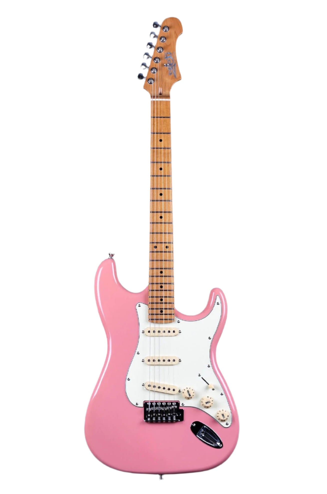 Pink electric guitar with a white pickguard, three single-coil pickups, maple fretboard, and chrome hardware. Classic Stratocaster-style body.